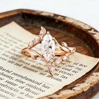 Marquise Moissanite Engagement Ring, Nature Inspired Leaf Vine Ring, Unique Vintage Wedding Ring, Gold Elven Engagement Ring, Promise Ring