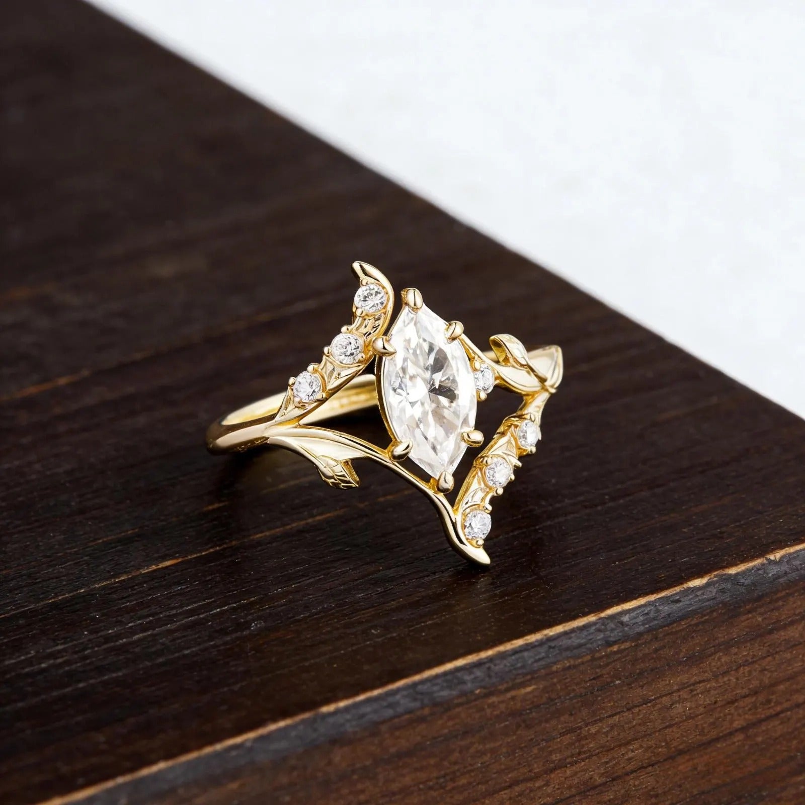 Marquise Moissanite Engagement Ring, Nature Inspired Leaf Vine Ring, Unique Vintage Wedding Ring, Gold Elven Engagement Ring, Promise Ring