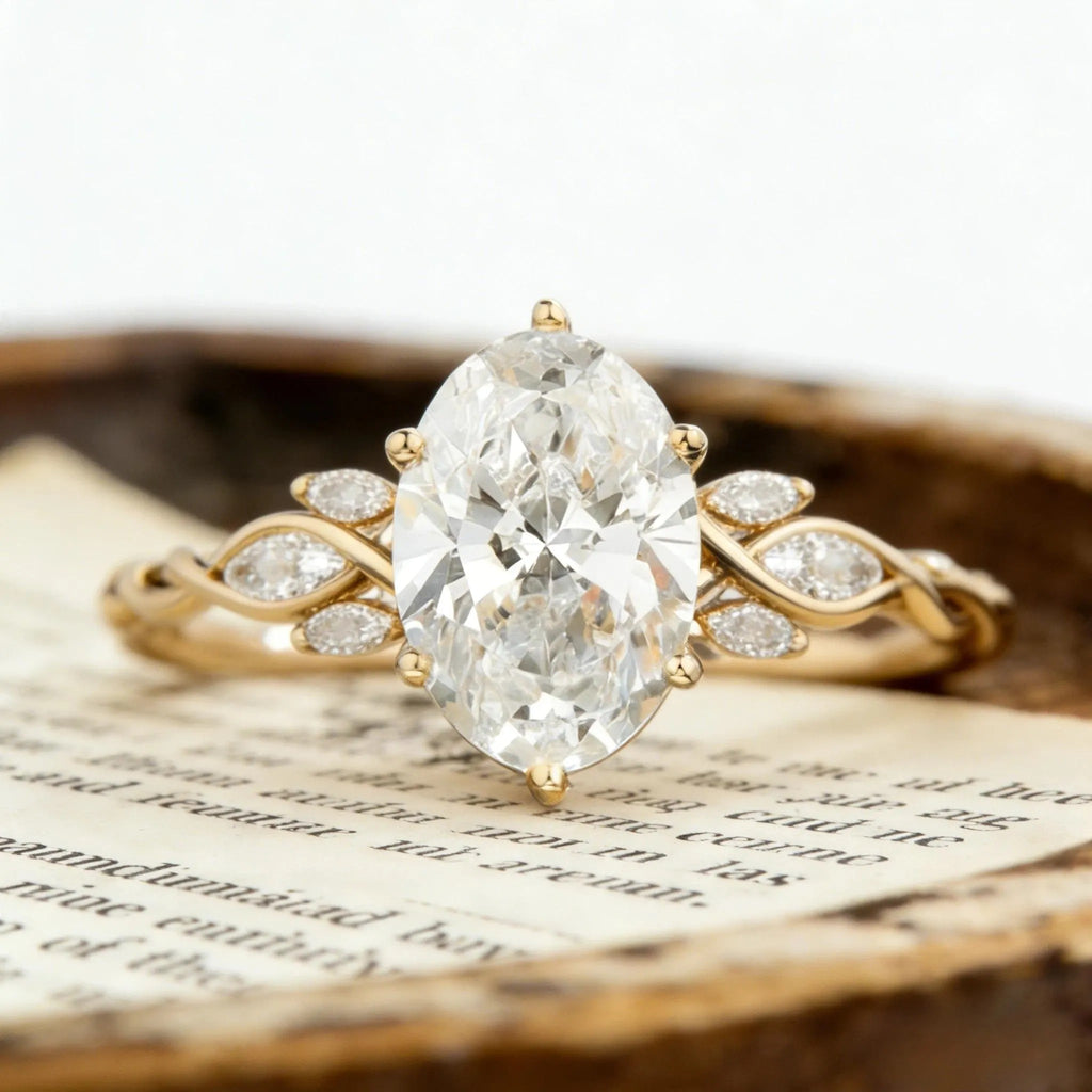 Oval Moissanite Engagement Ring, Twisted Band Ring with Accent Stones, Elegant Minimalist Promise Ring for Women