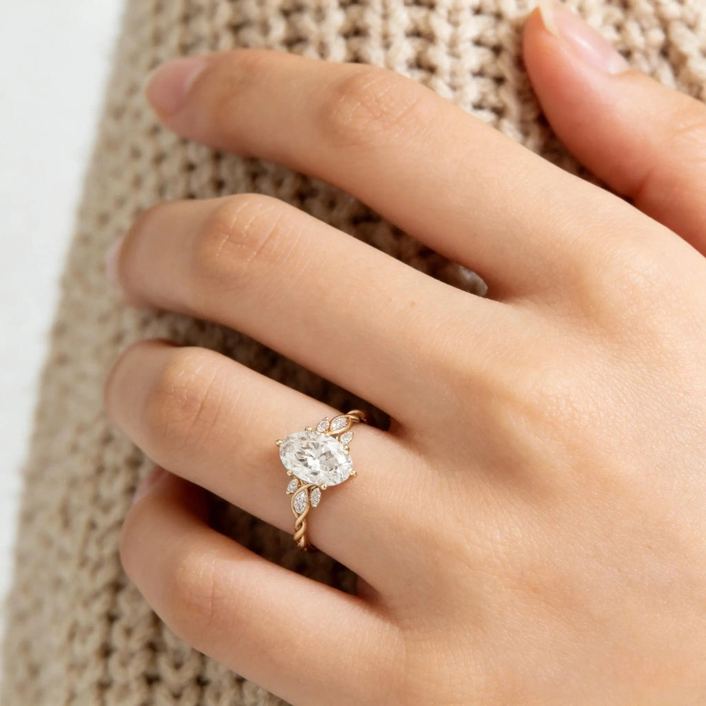 Oval Moissanite Engagement Ring, Twisted Band Ring with Accent Stones, Elegant Minimalist Promise Ring for Women