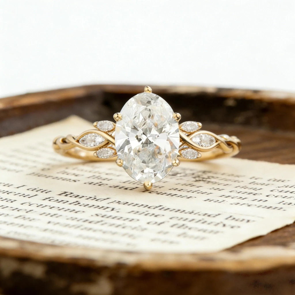 Oval Moissanite Engagement Ring, Twisted Band Ring with Accent Stones, Elegant Minimalist Promise Ring for Women