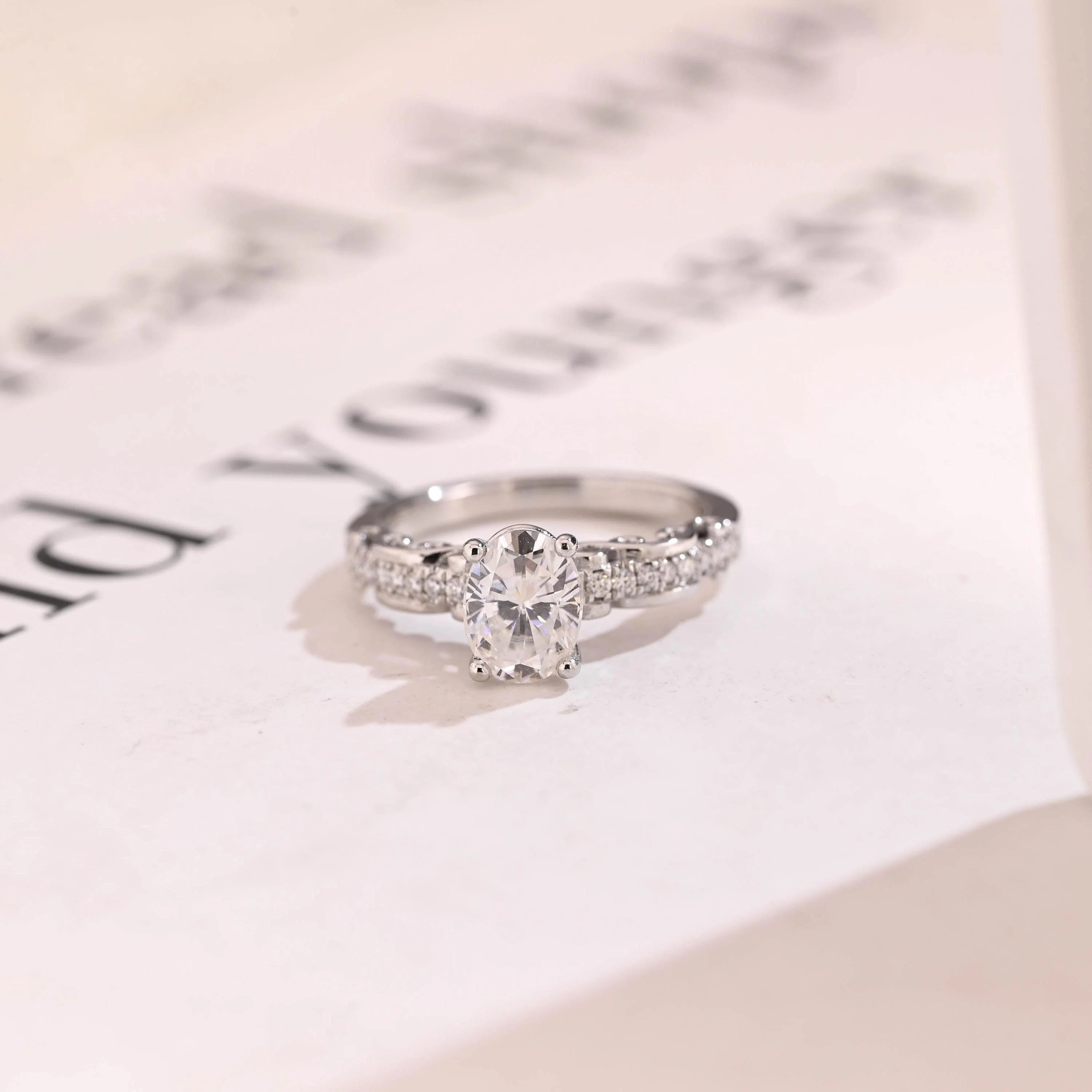 Solid Gold Oval Cut Moissanite Engagement Ring, Half Pave Promise Ring Main image