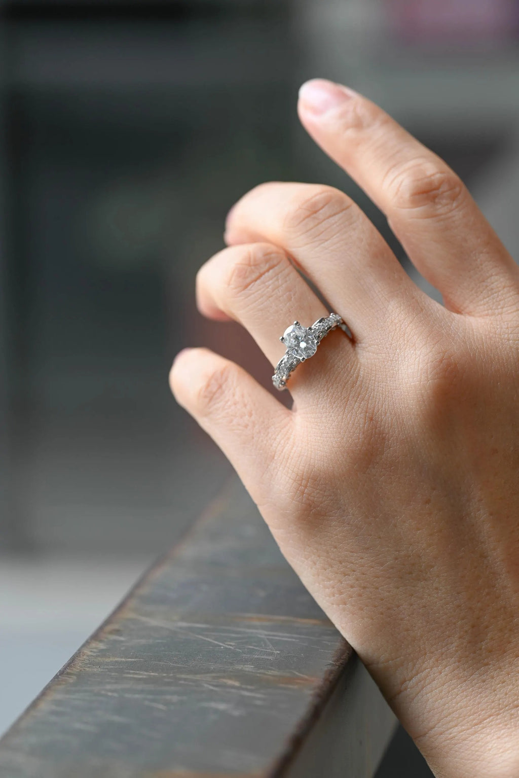 Solid Gold Oval Cut Moissanite Engagement Ring, Half Pave Promise Ring