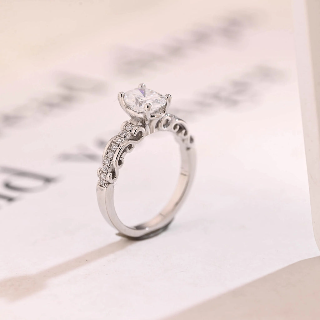 Solid Gold Oval Cut Moissanite Engagement Ring, Half Pave Promise Ring