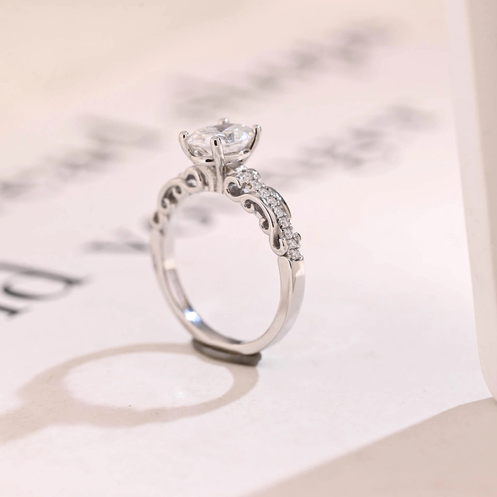 Solid Gold Oval Cut Moissanite Engagement Ring, Half Pave Promise Ring