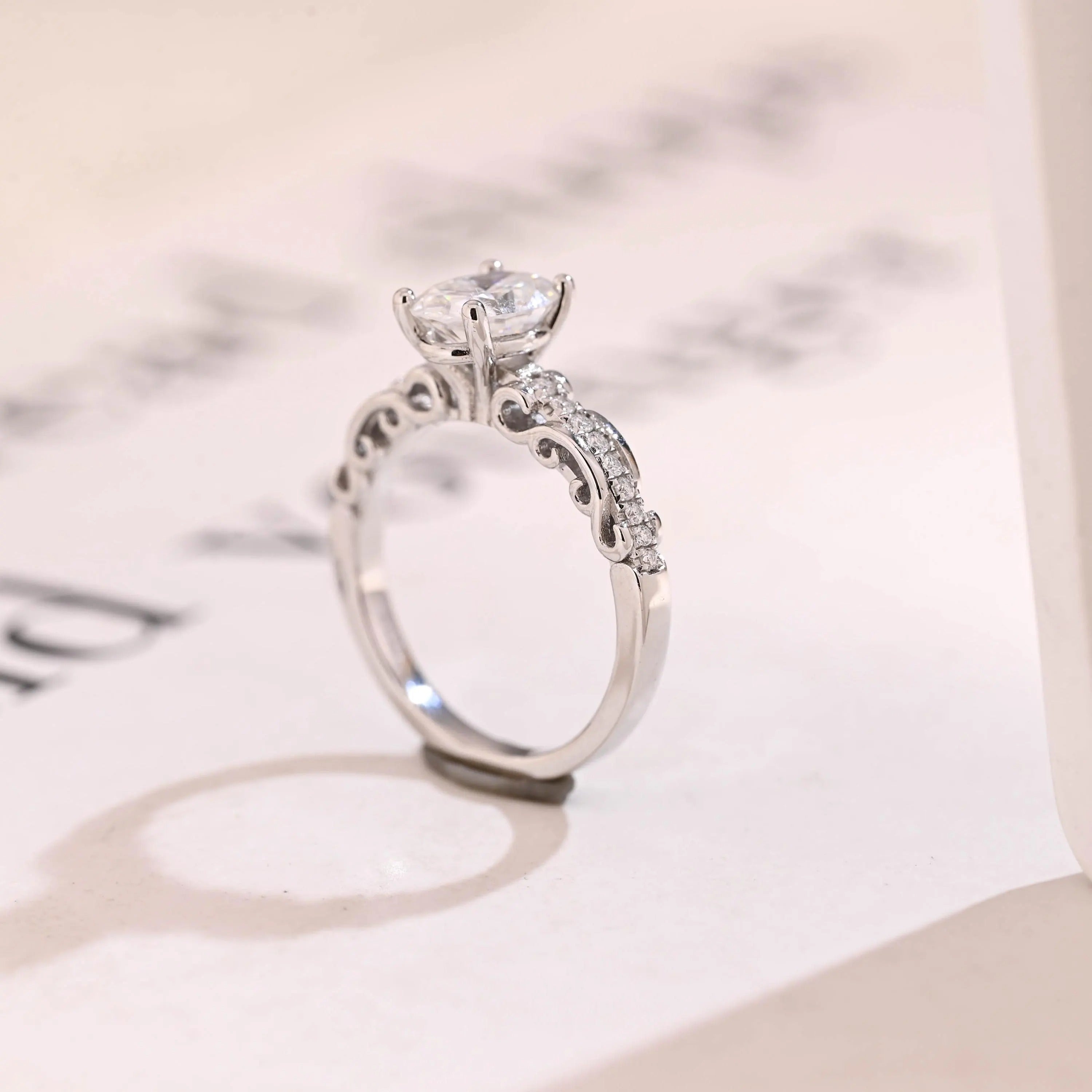 Solid Gold Oval Cut Moissanite Engagement Ring, Half Pave Promise Ring