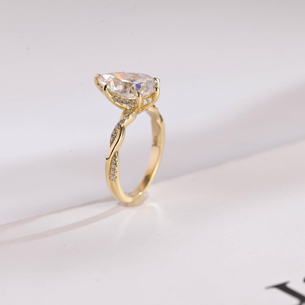 Solid Gold Pear Cut Moissanite Engagement Ring, Promise Ring