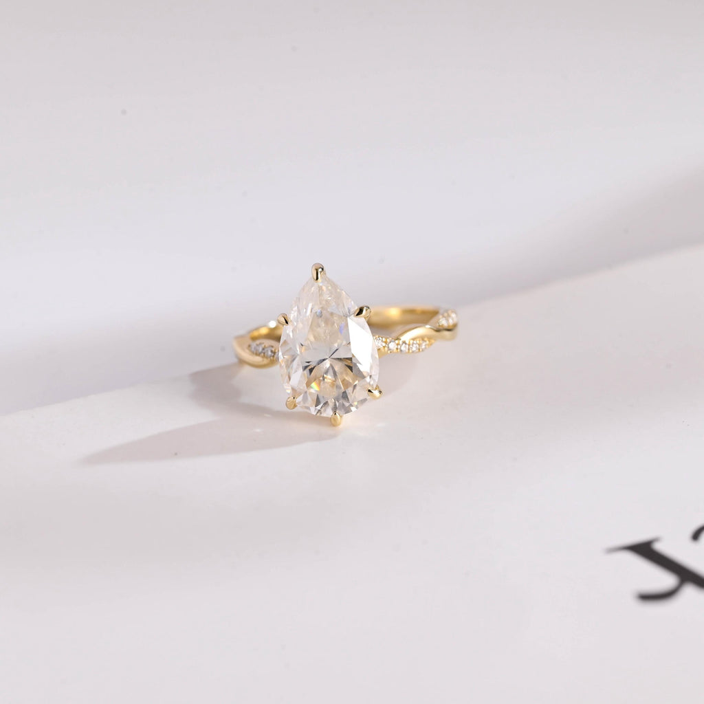 Solid Gold Pear Cut Moissanite Engagement Ring, Promise Ring