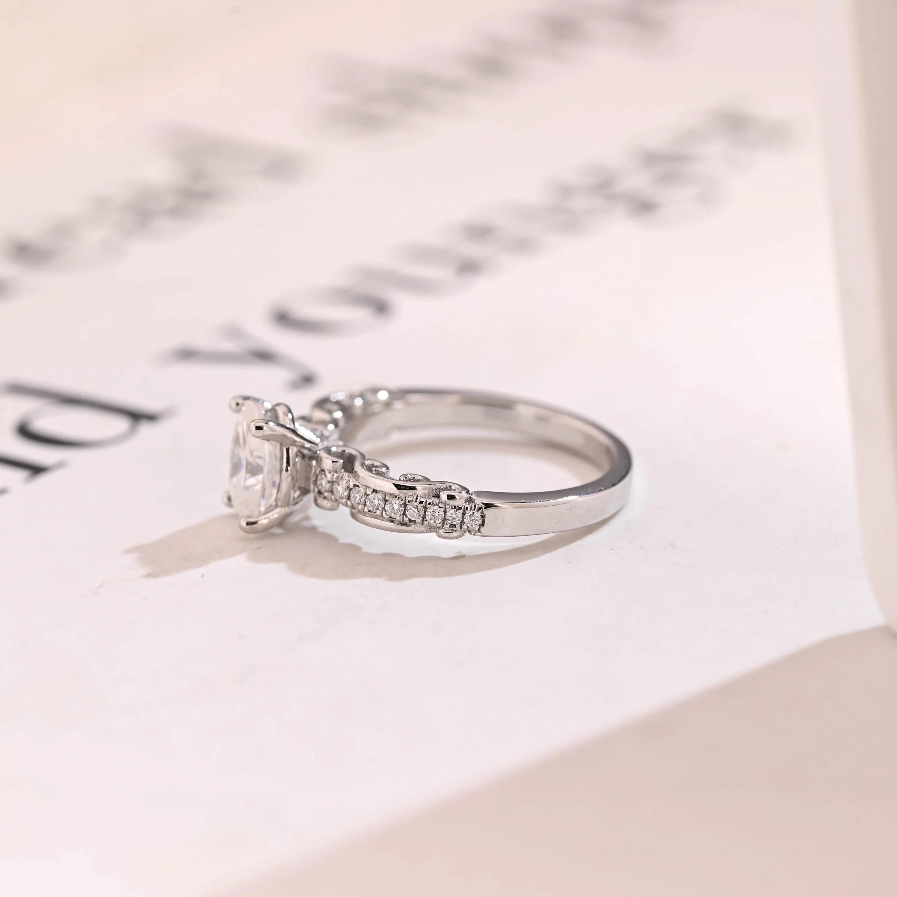 Solid Gold Oval Cut Moissanite Engagement Ring, Half Pave Promise Ring Secondary image