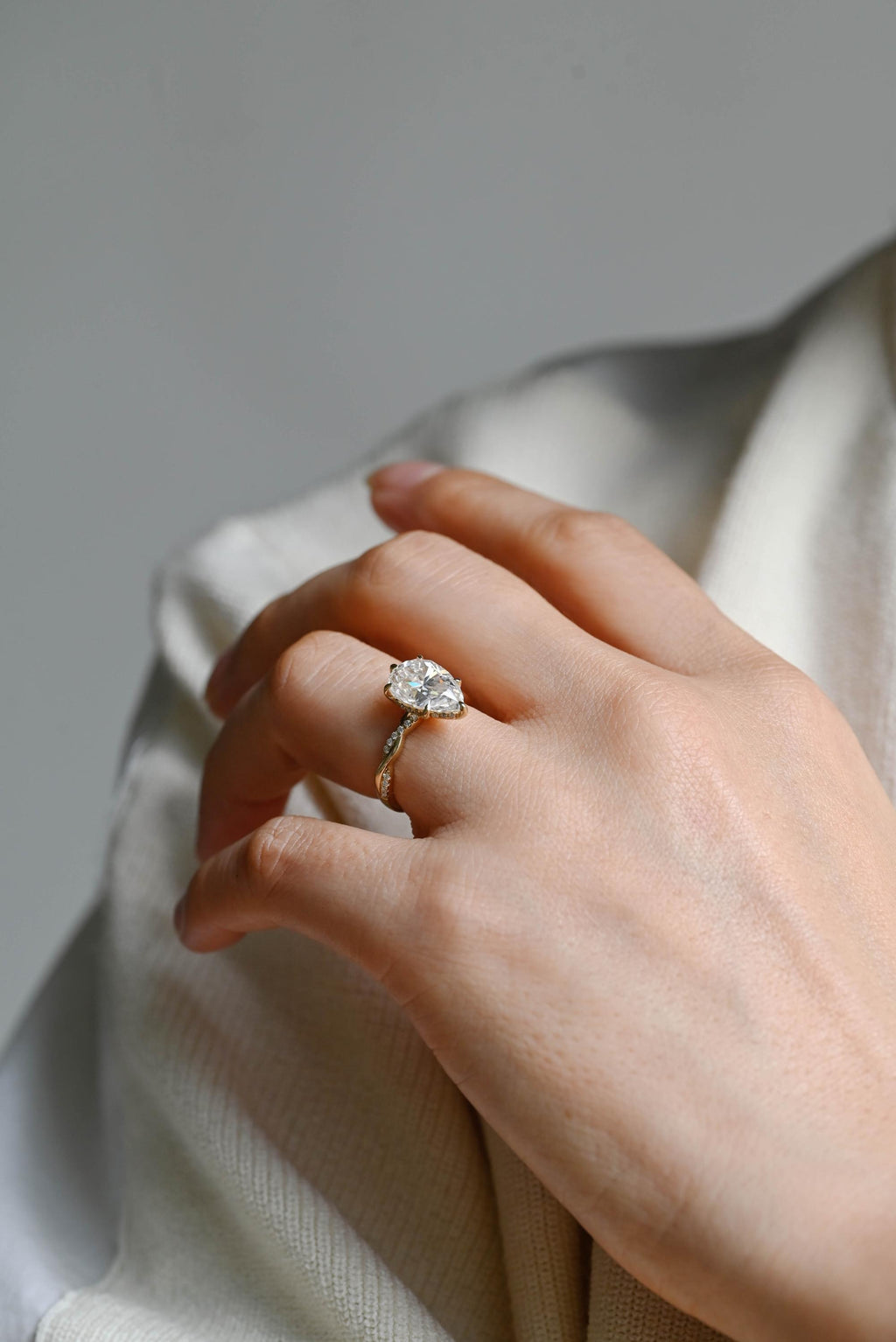 Solid Gold Pear Cut Moissanite Engagement Ring, Promise Ring