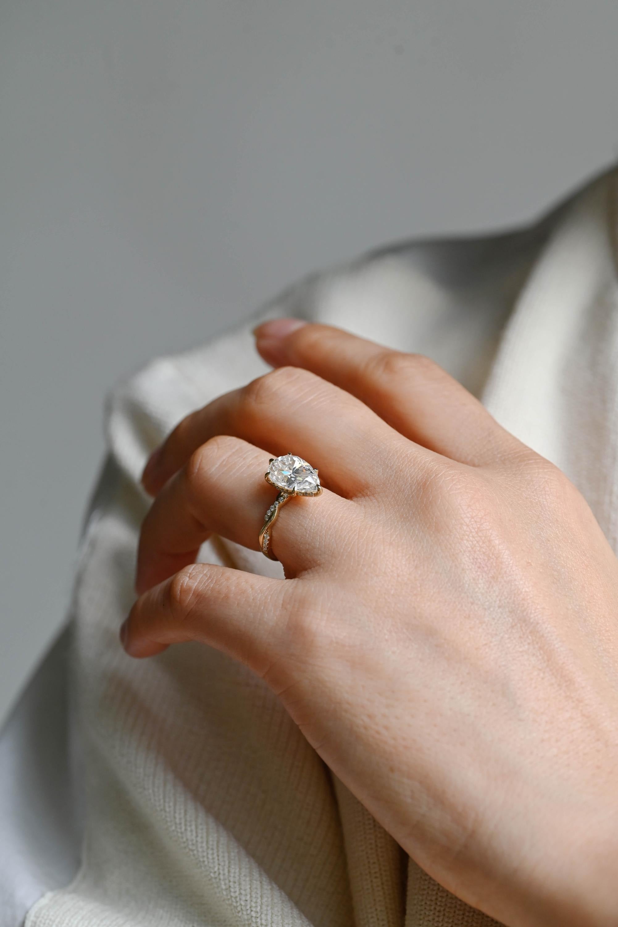 Solid Gold Pear Cut Moissanite Engagement Ring, Promise Ring