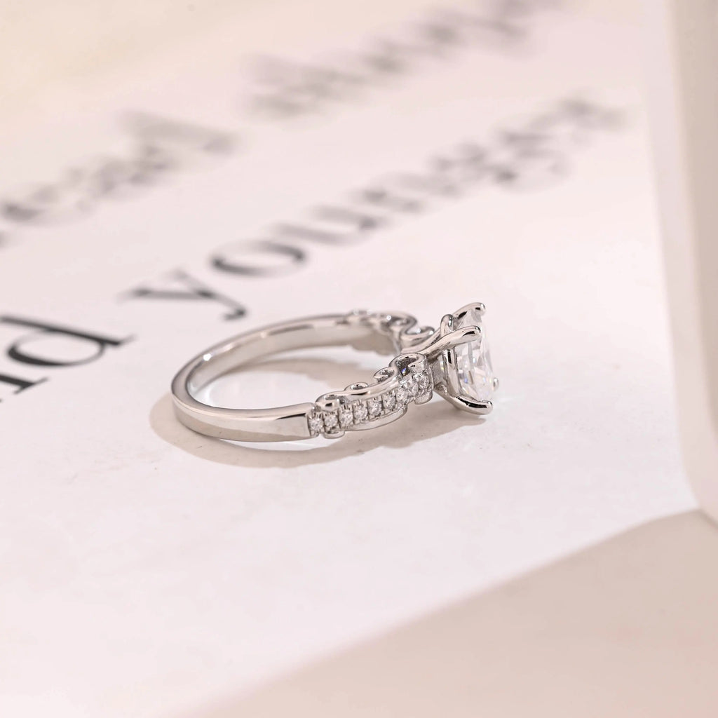 Solid Gold Oval Cut Moissanite Engagement Ring, Half Pave Promise Ring