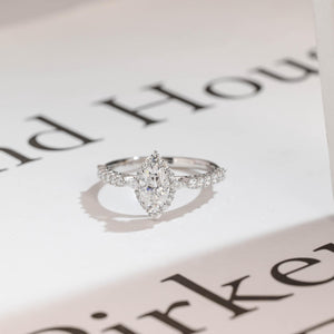 Solid Gold Marquise Cut Moissanite Engagement Ring, Halo & Half Pave Ring