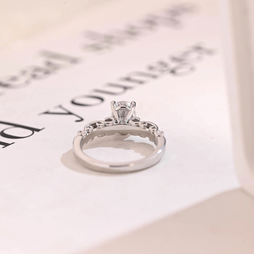 Solid Gold Oval Cut Moissanite Engagement Ring, Half Pave Promise Ring