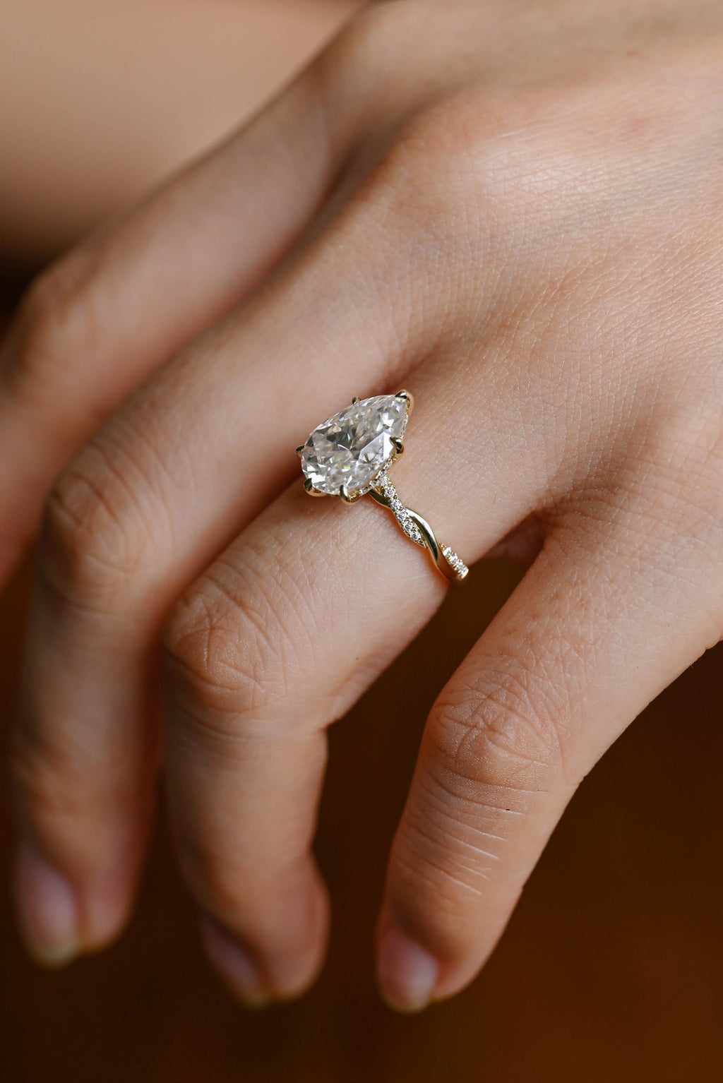 Solid Gold Pear Cut Moissanite Engagement Ring, Promise Ring