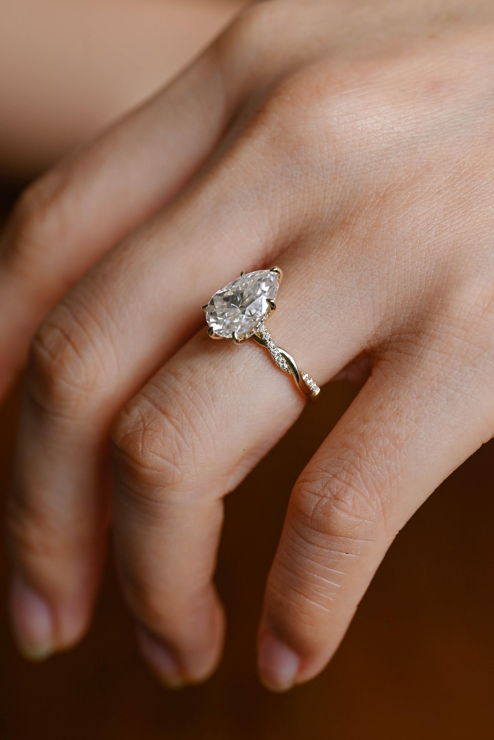 Solid Gold Pear Cut Moissanite Engagement Ring, Promise Ring
