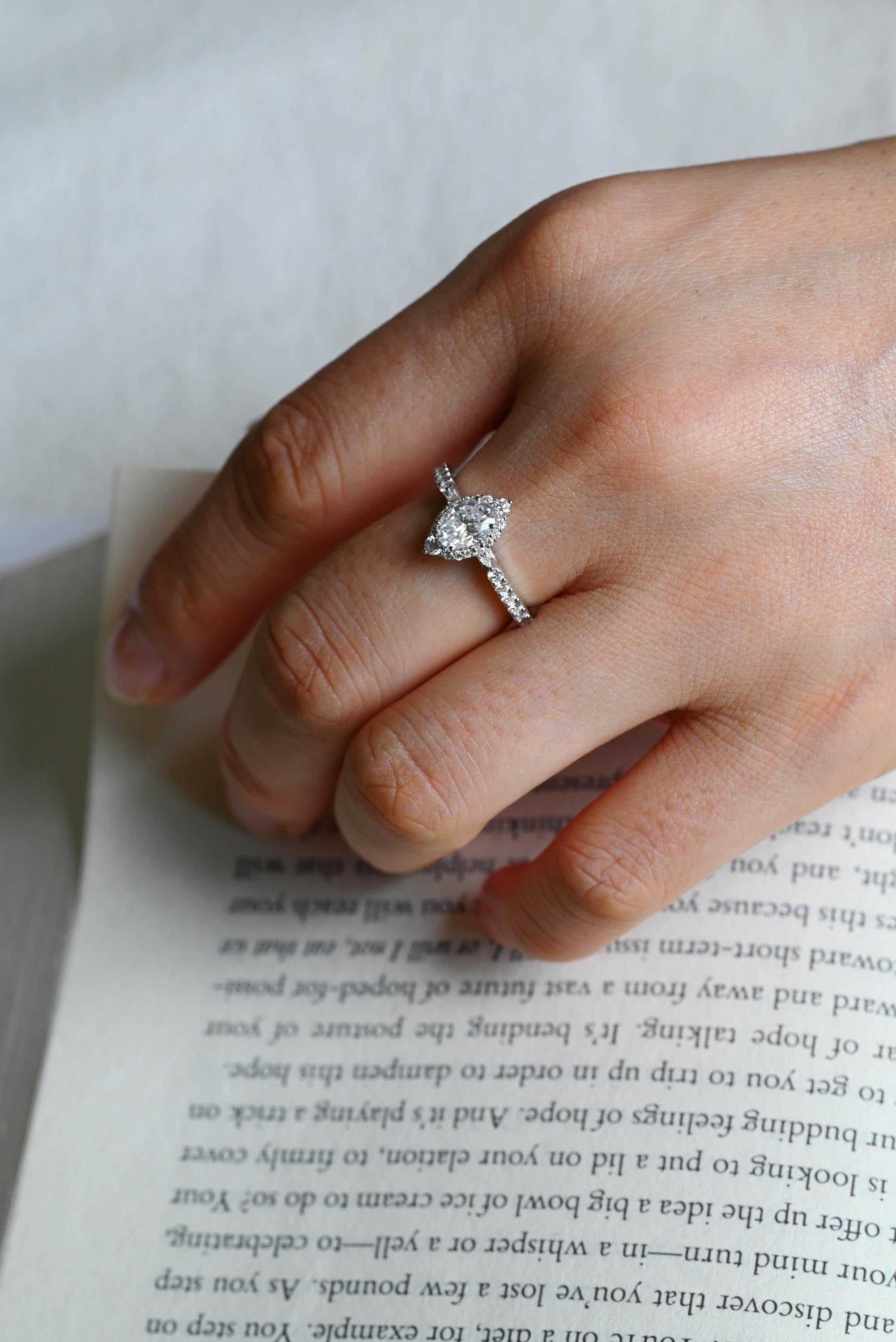Solid Gold Marquise Cut Moissanite Engagement Ring, Halo & Half Pave Ring
