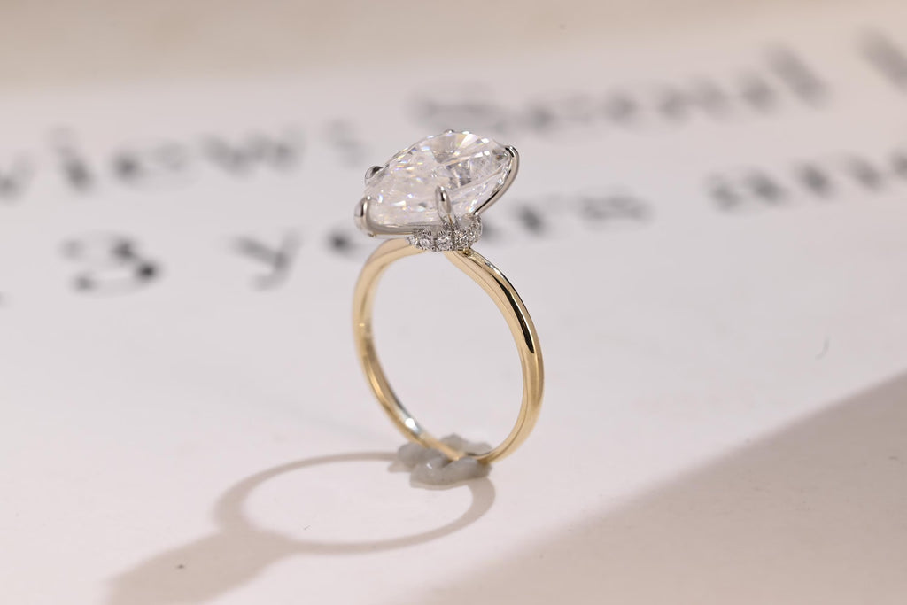 Solid Gold Two Tone Pear Moissanite Engagement Ring, Hidden Halo Promise Ring