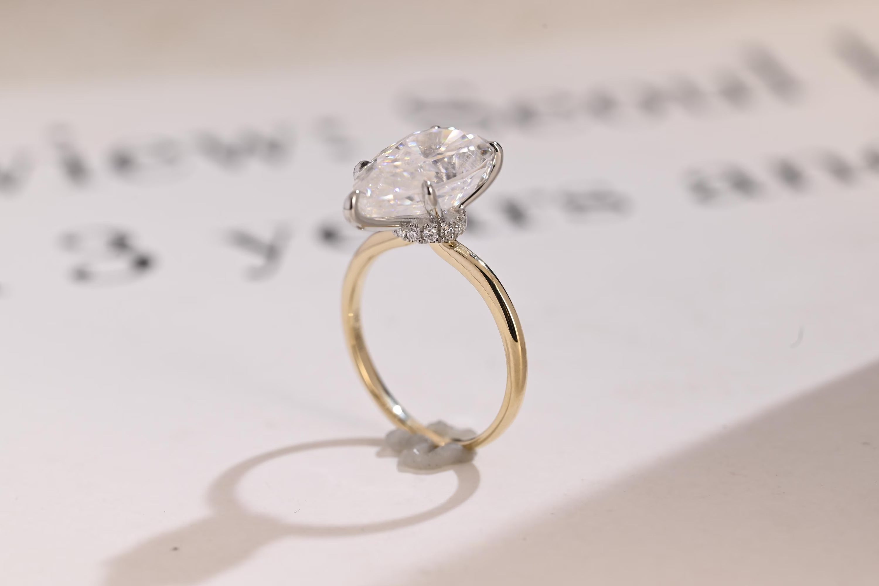 Solid Gold Two Tone Pear Moissanite Engagement Ring, Hidden Halo Promise Ring