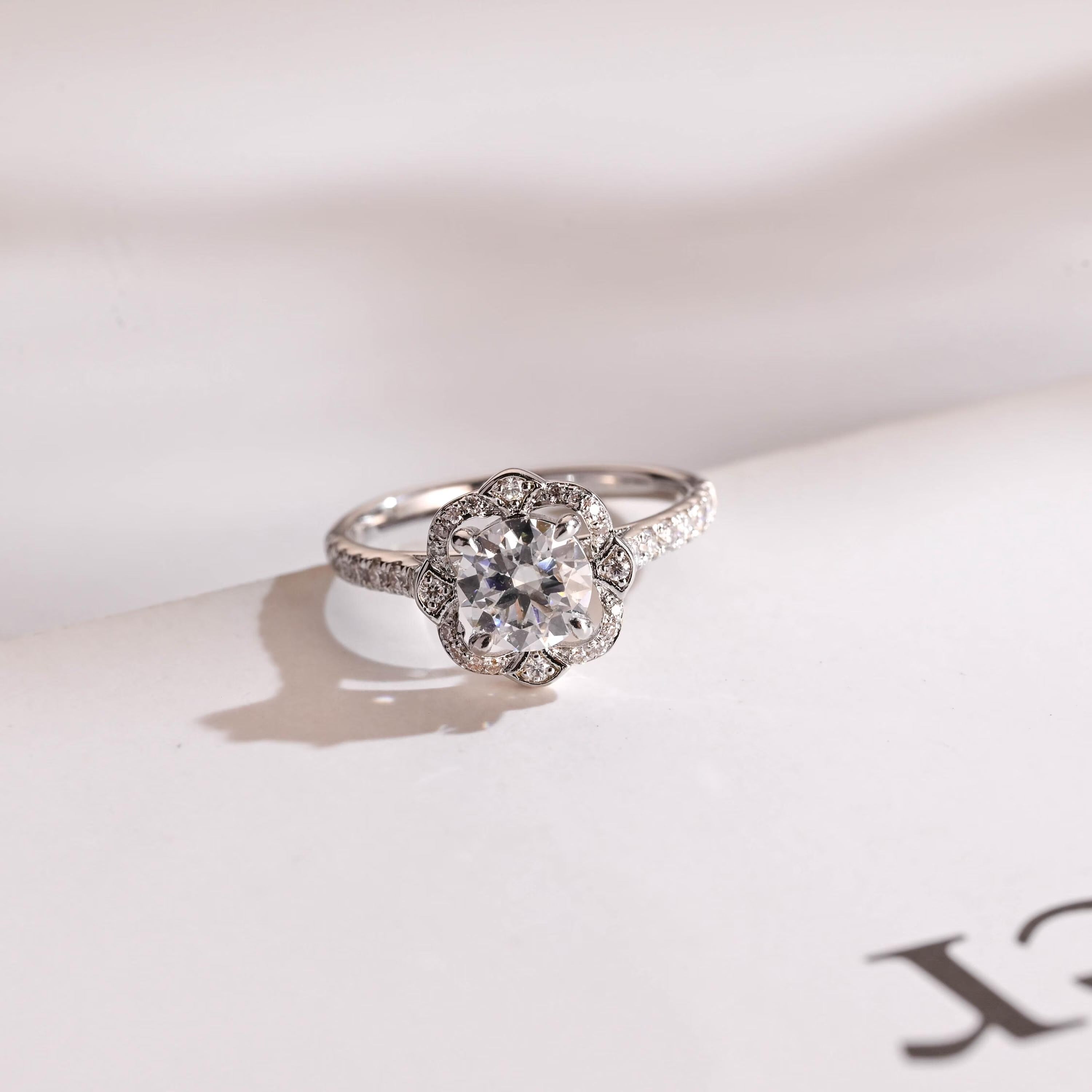 Solid Gold Round Moissanite Engagement Ring, Floral Halo Ring Main image