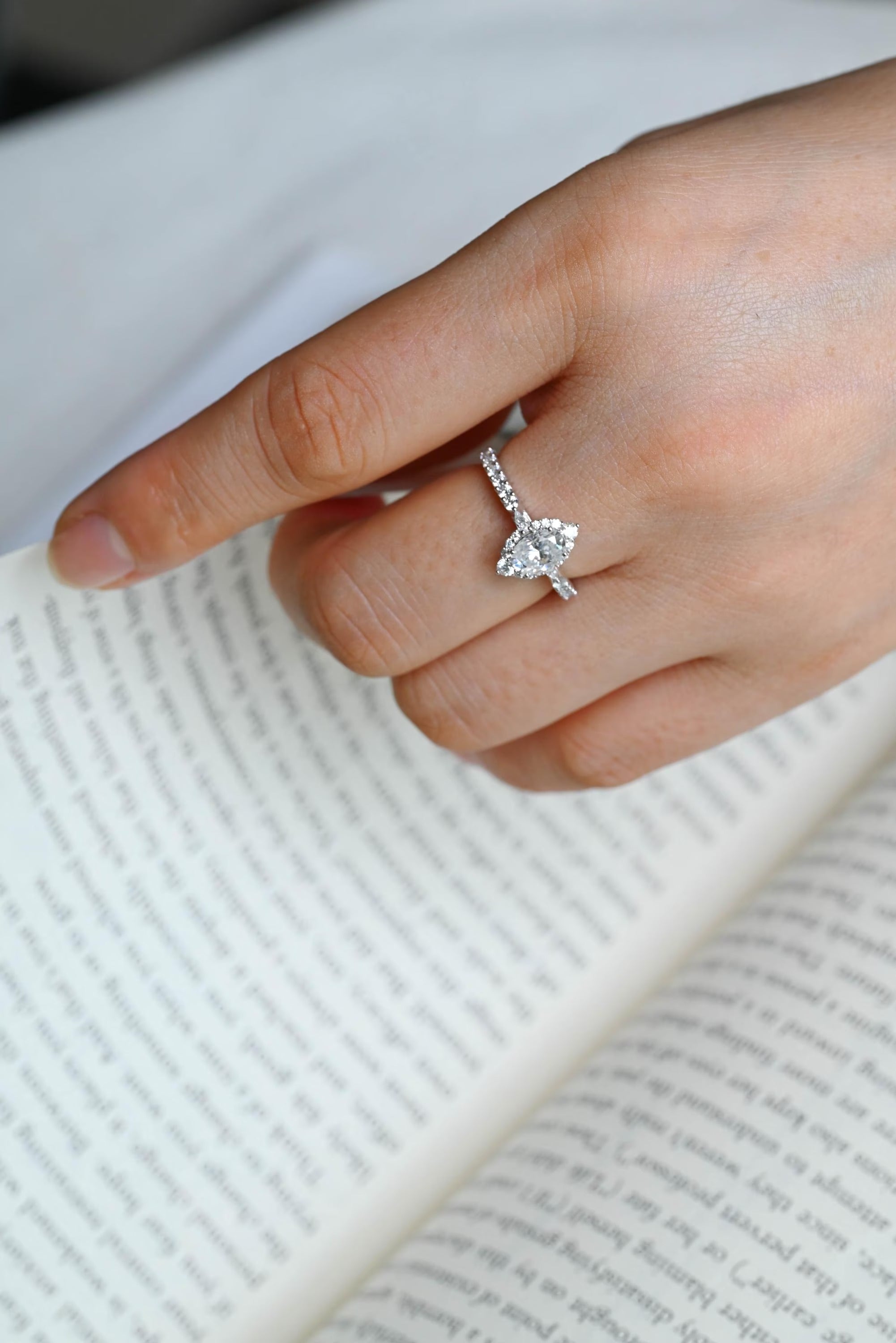 Solid Gold Marquise Cut Moissanite Engagement Ring, Halo & Half Pave Ring