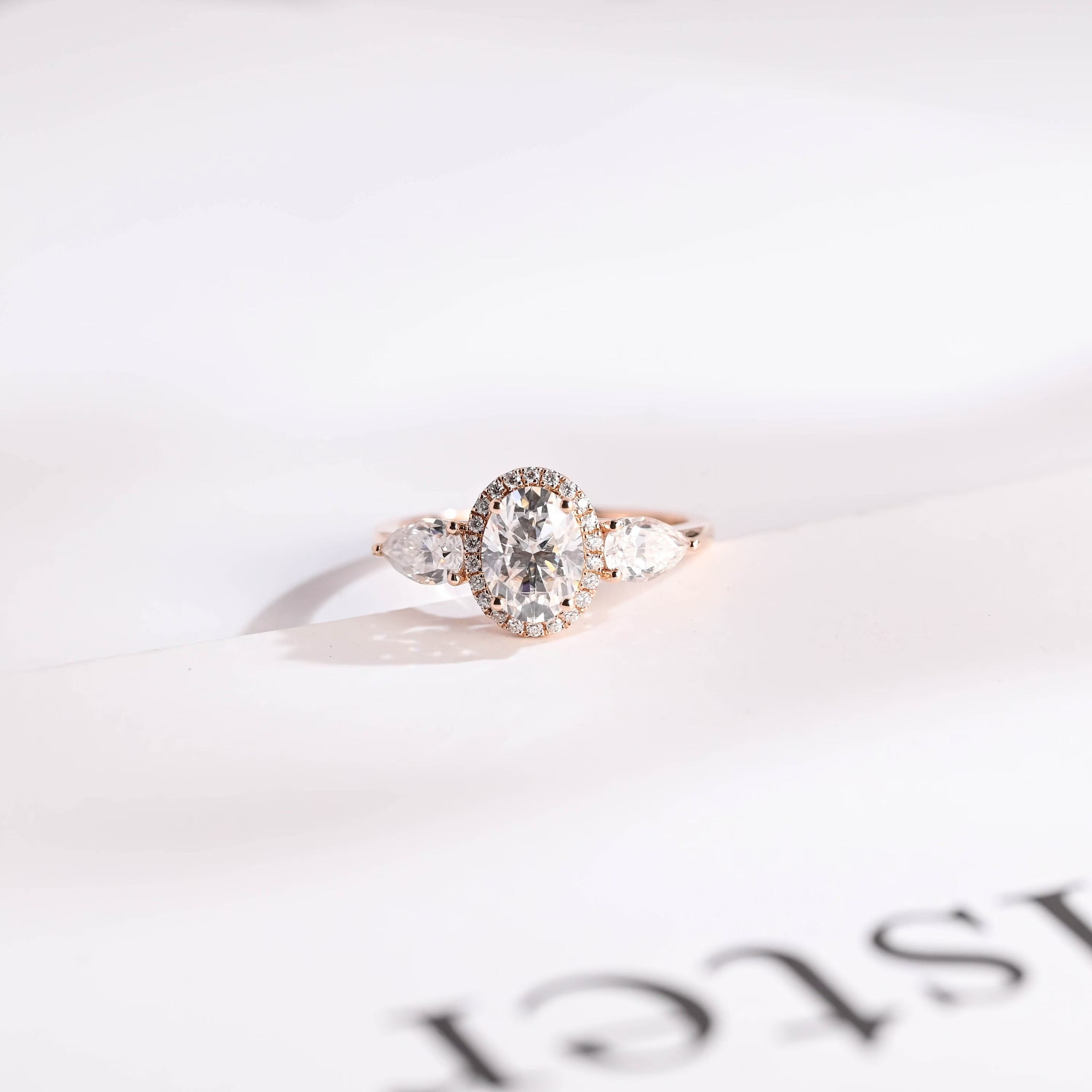 Solid Gold Three Stone Oval Cut Moissanite Engagement Ring Main image