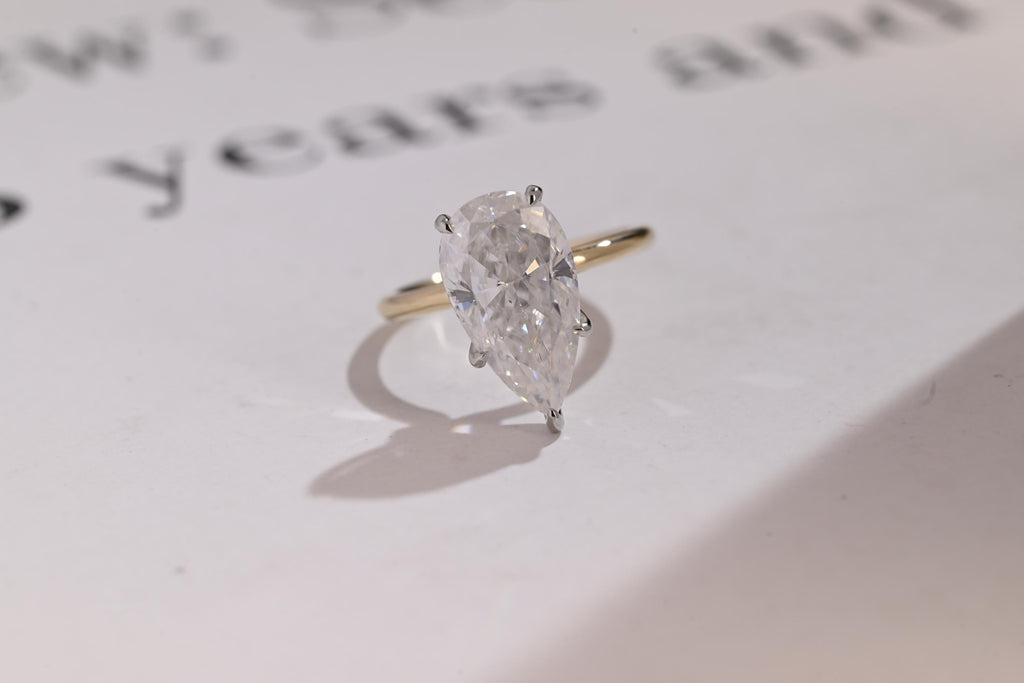 Solid Gold Two Tone Pear Moissanite Engagement Ring, Hidden Halo Promise Ring