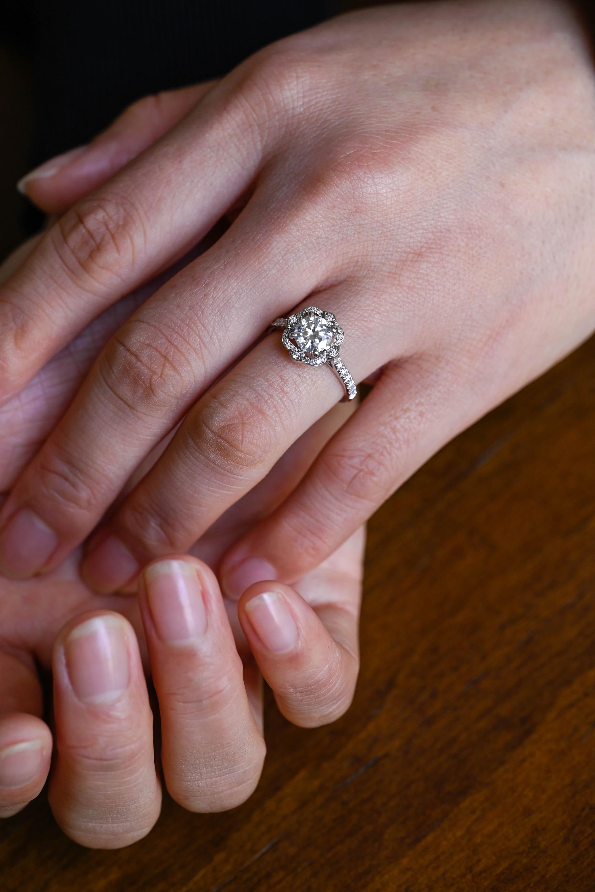 Solid Gold Round Moissanite Engagement Ring, Floral Halo Ring