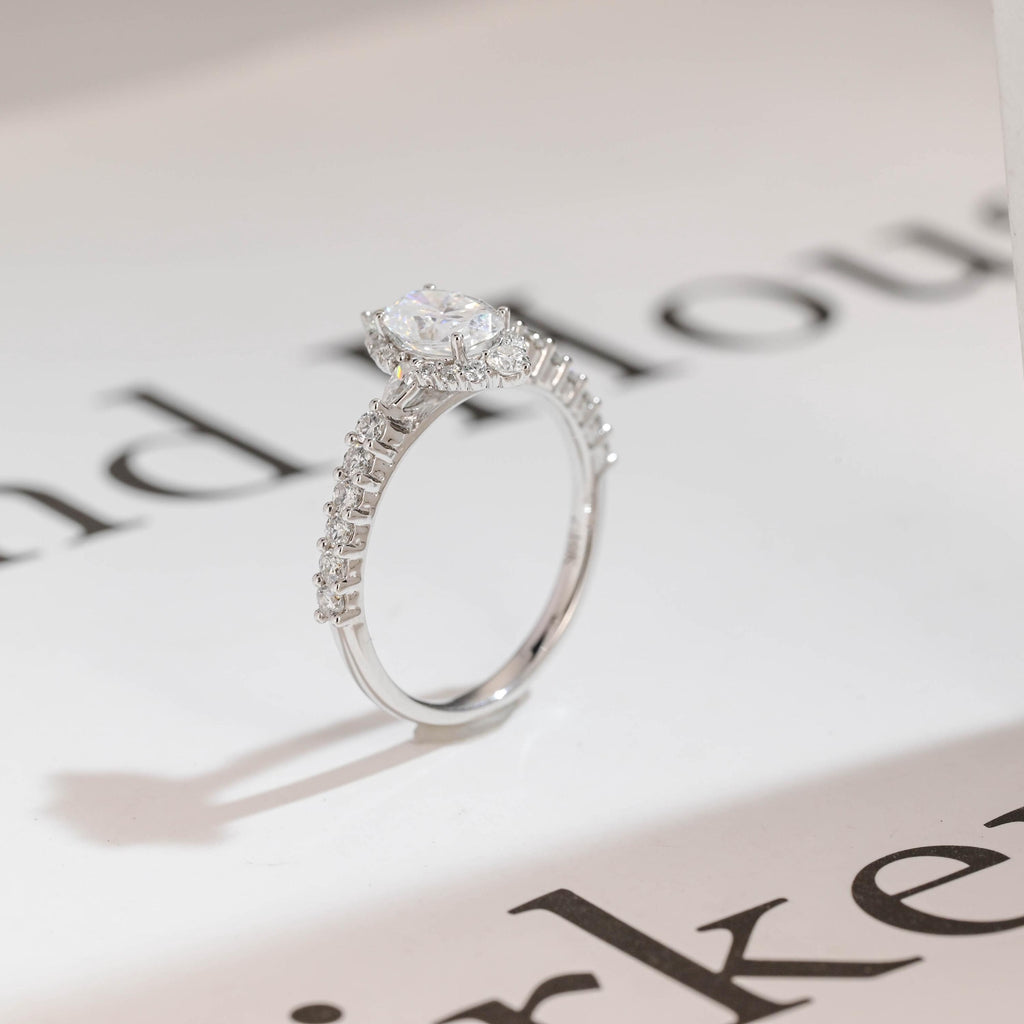 Solid Gold Marquise Cut Moissanite Engagement Ring, Halo & Half Pave Ring