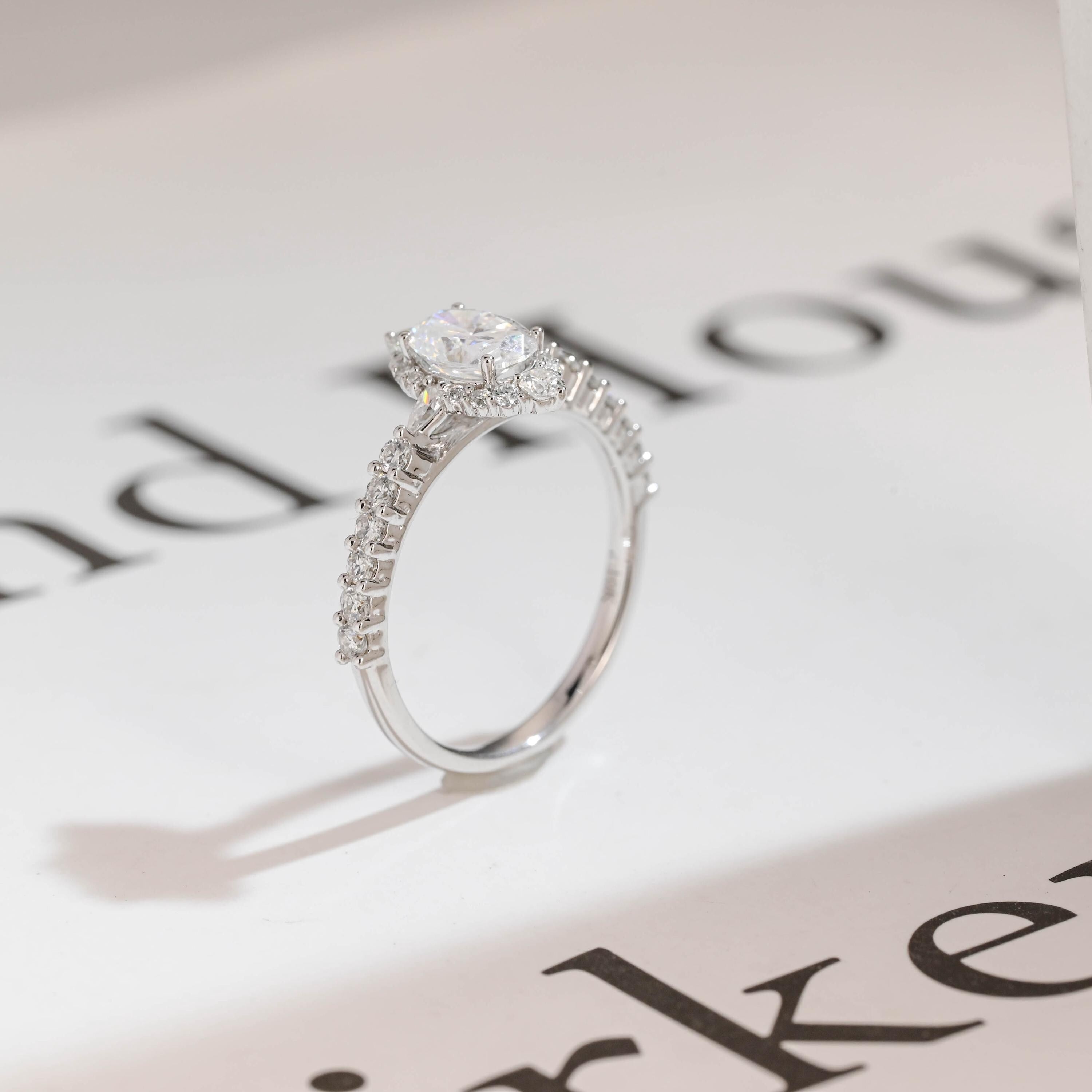 Solid Gold Marquise Cut Moissanite Engagement Ring, Halo & Half Pave Ring