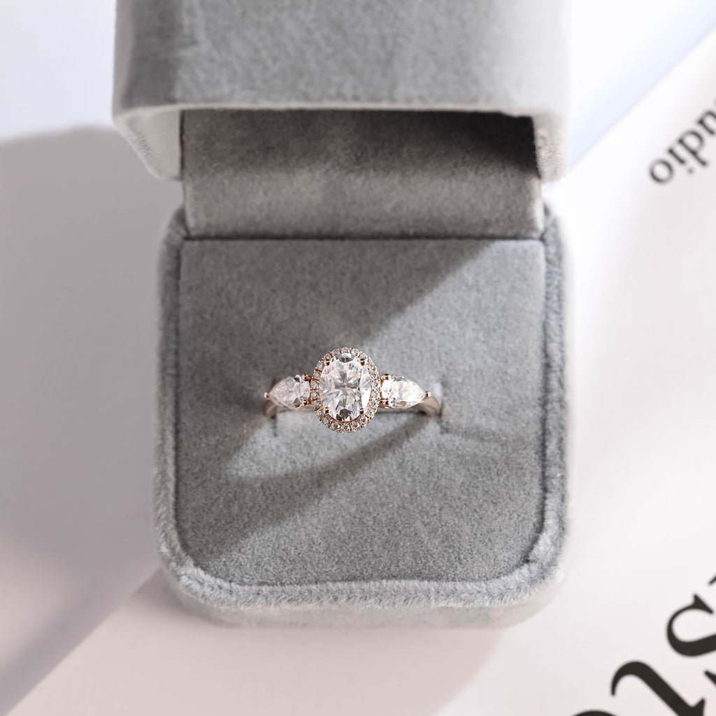 Solid Gold Three Stone Oval Cut Moissanite Engagement Ring