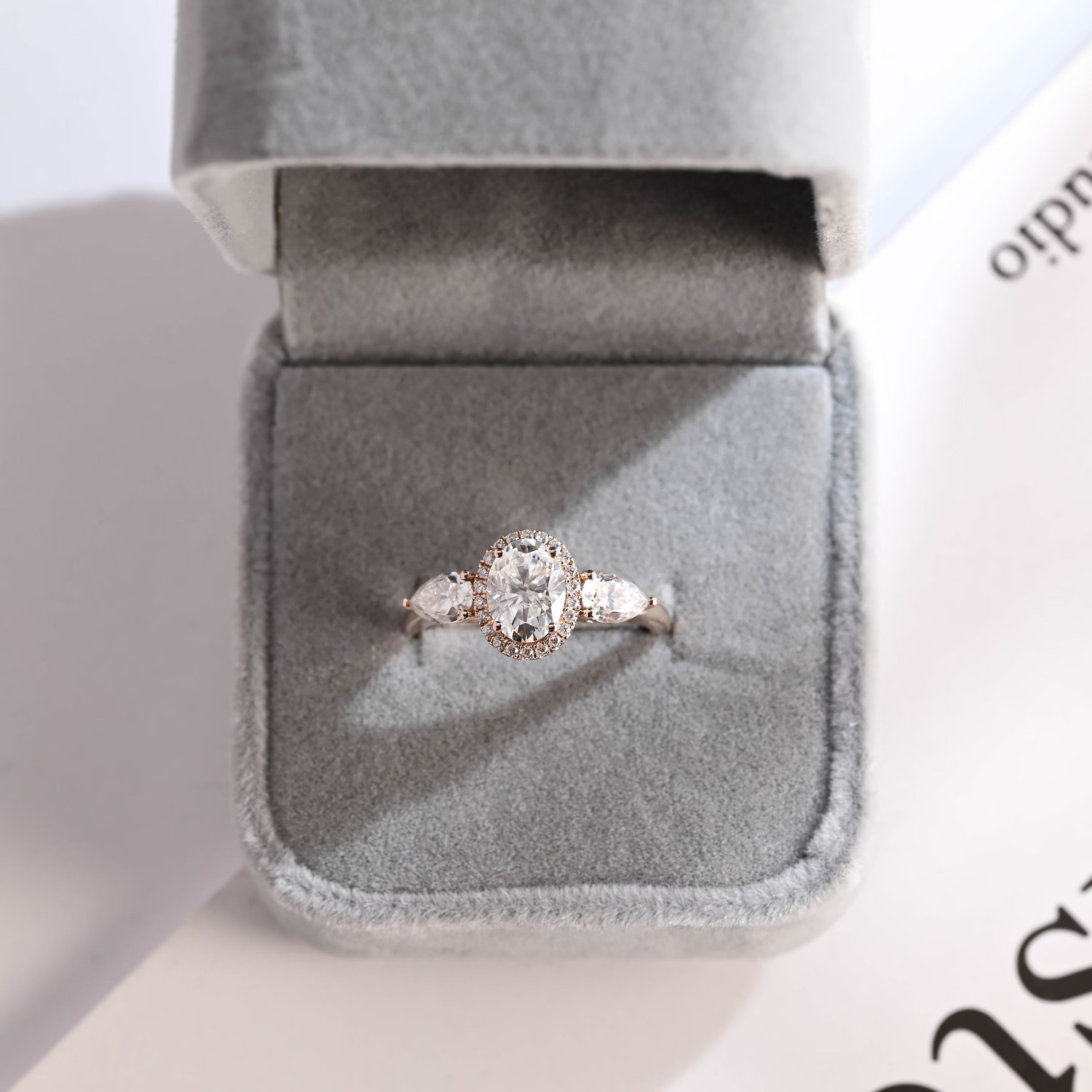 Solid Gold Three Stone Oval Cut Moissanite Engagement Ring