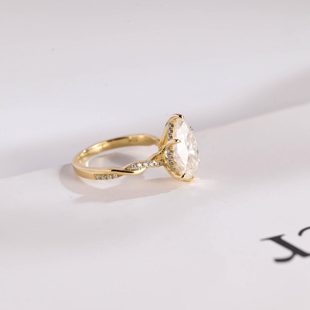 Solid Gold Pear Cut Moissanite Engagement Ring, Promise Ring