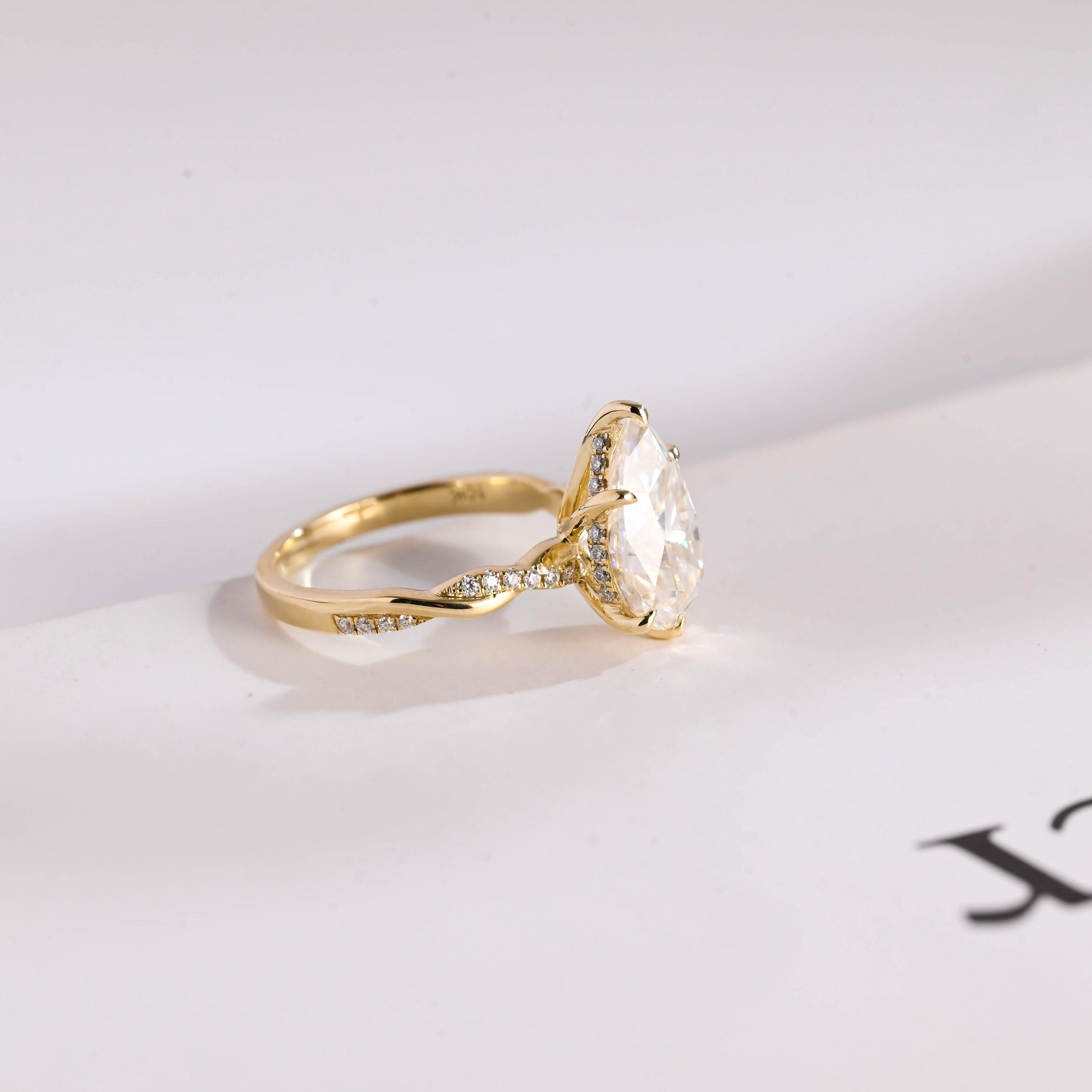 Solid Gold Pear Cut Moissanite Engagement Ring, Promise Ring