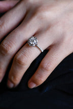 Solid Gold Round Moissanite Engagement Ring, Floral Halo Ring