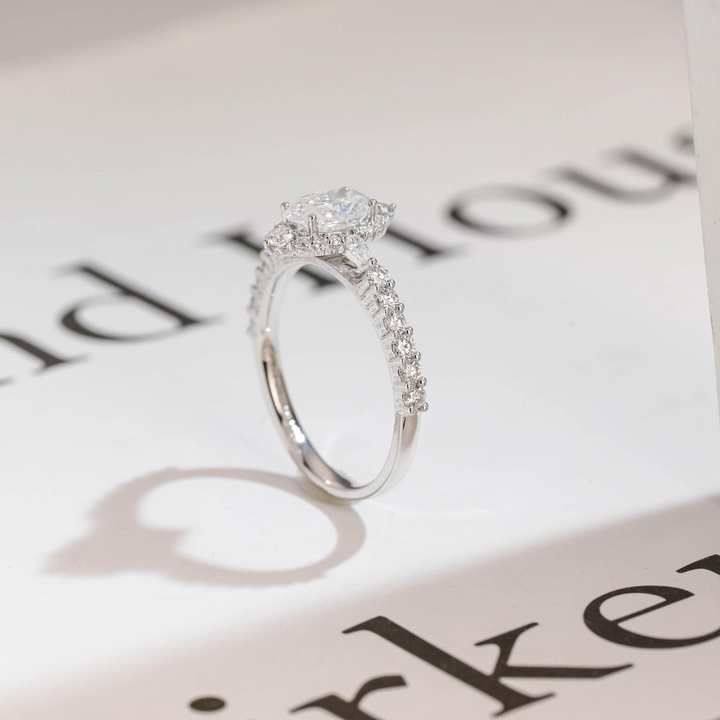 Solid Gold Marquise Cut Moissanite Engagement Ring, Halo & Half Pave Ring