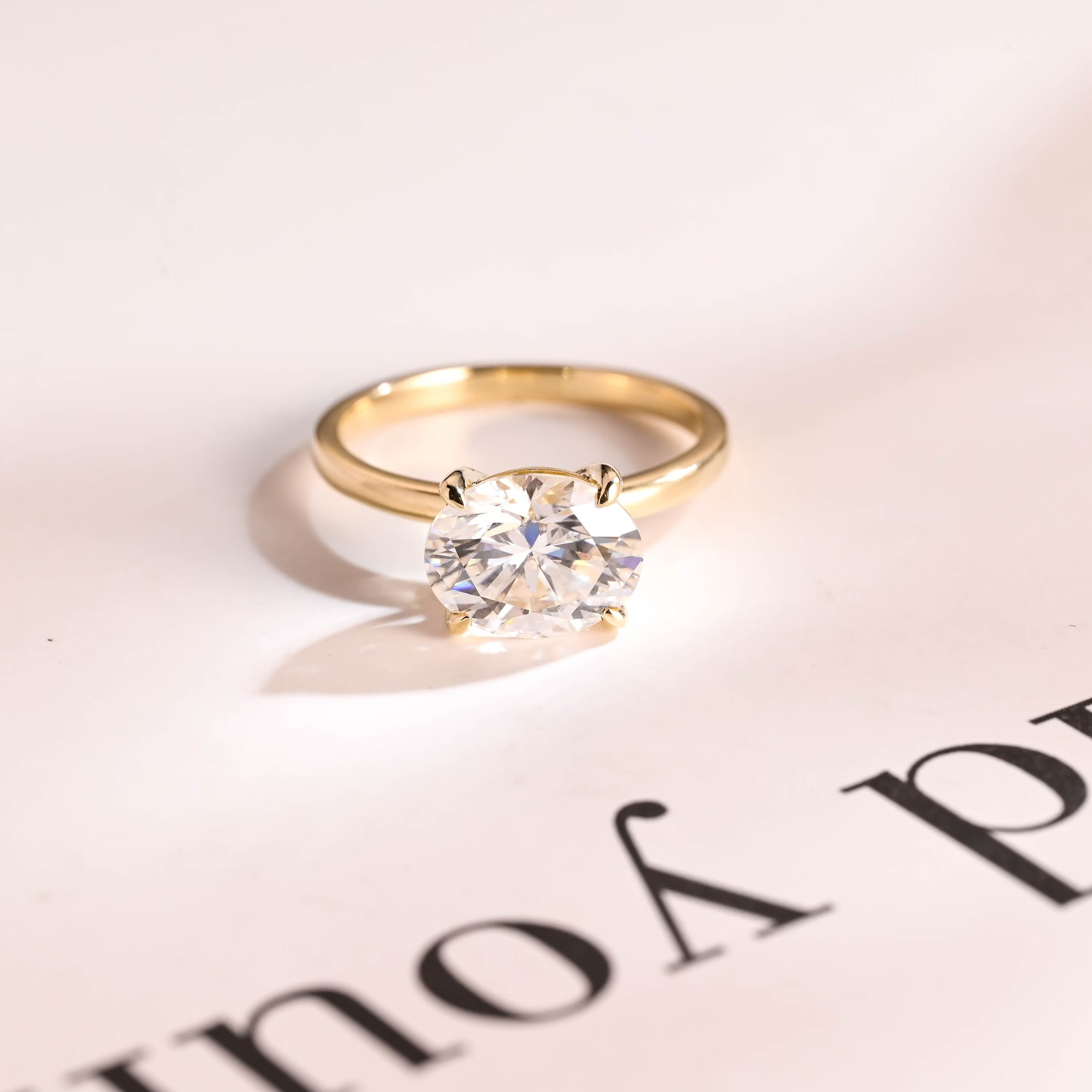 Solid Gold East-West Solitaire Oval Cut Moissanite Engagement Ring, Promise Ring Main image