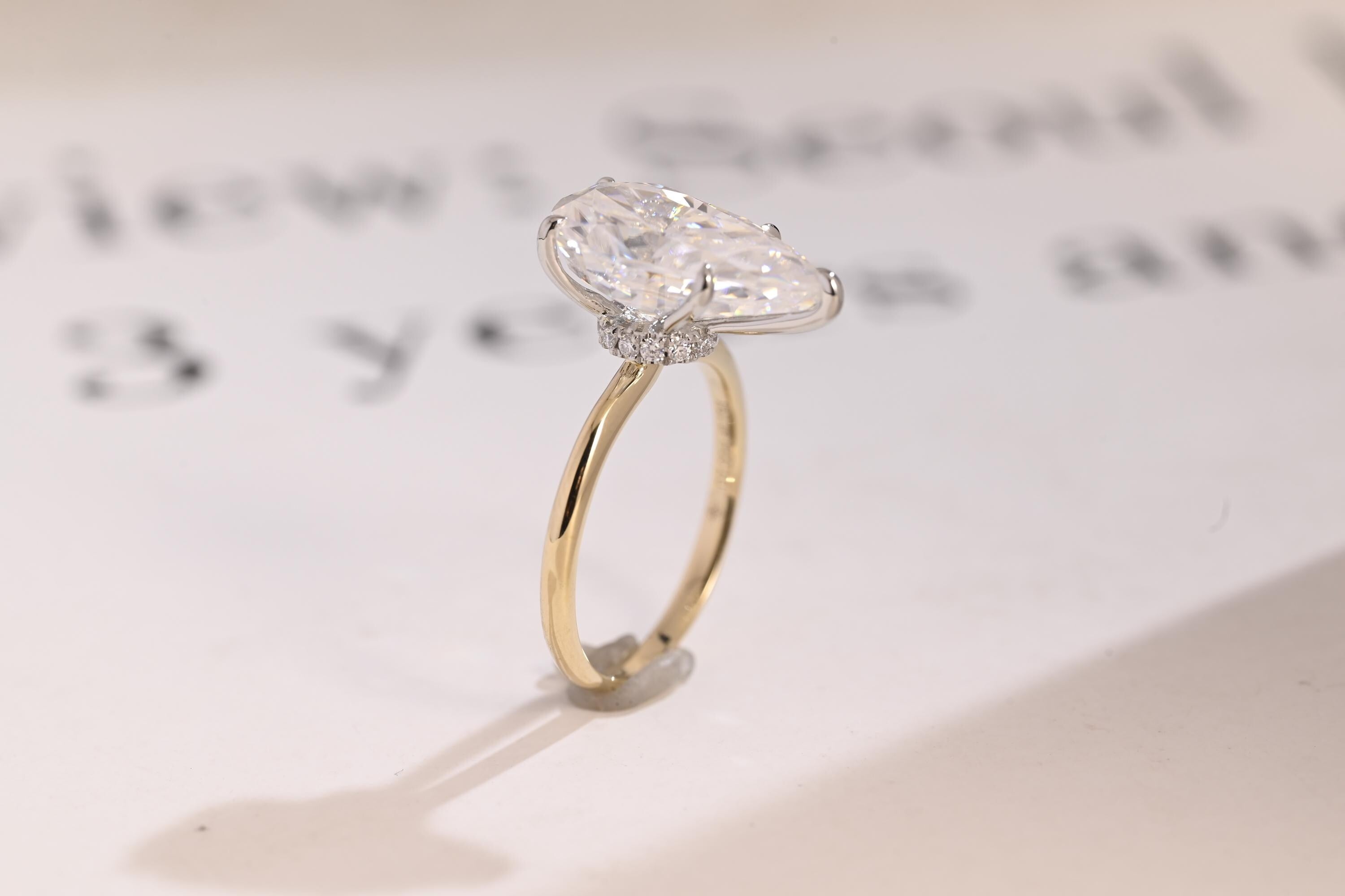 Solid Gold Two Tone Pear Moissanite Engagement Ring, Hidden Halo Promise Ring