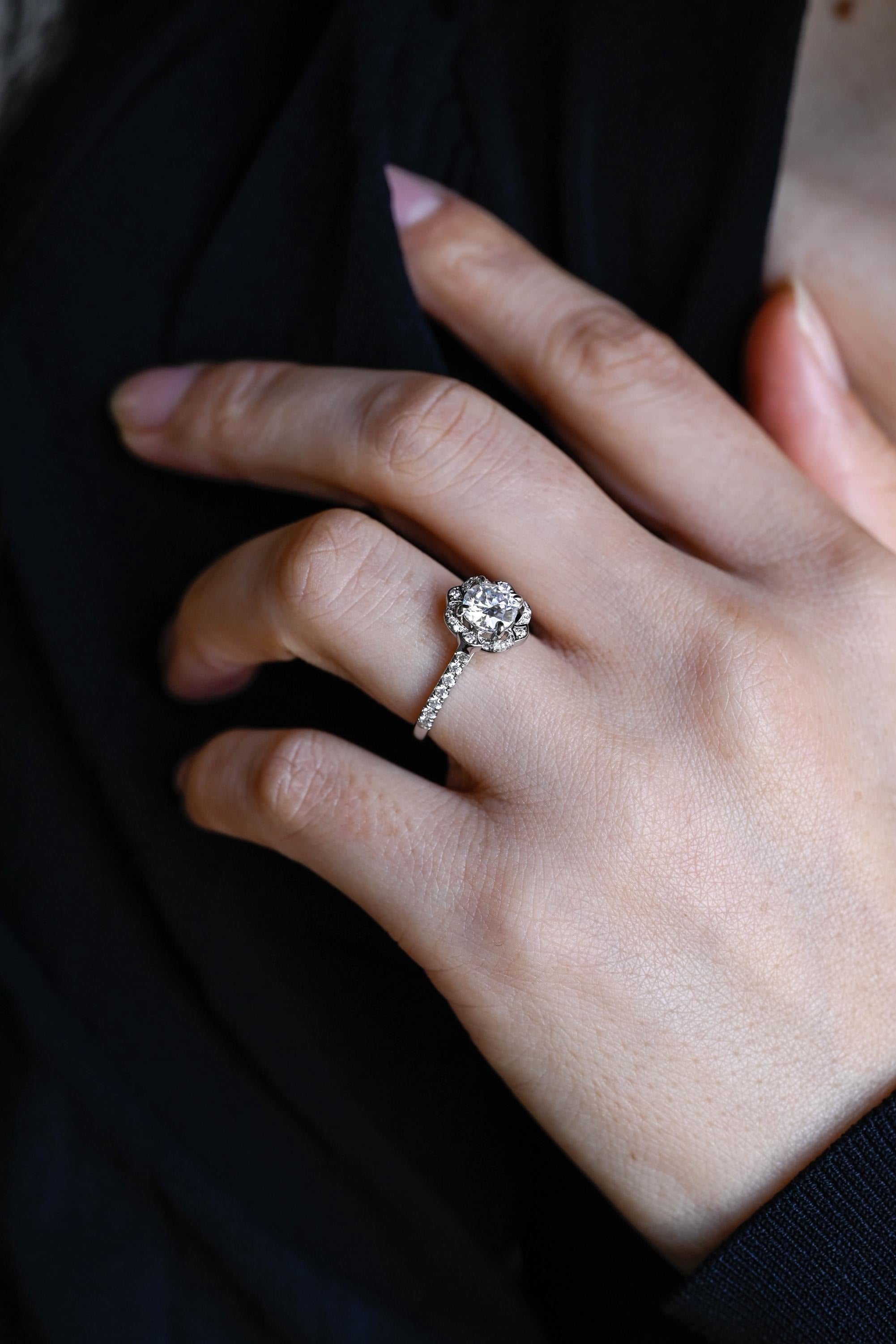 Solid Gold Round Moissanite Engagement Ring, Floral Halo Ring
