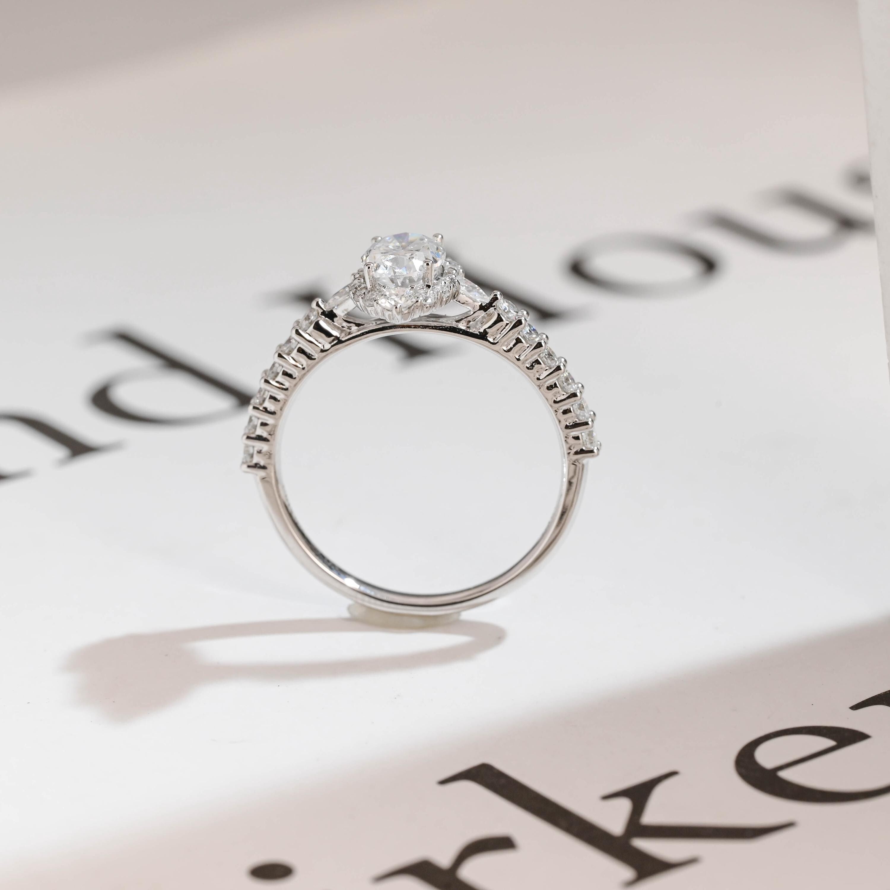 Solid Gold Marquise Cut Moissanite Engagement Ring, Halo & Half Pave Ring