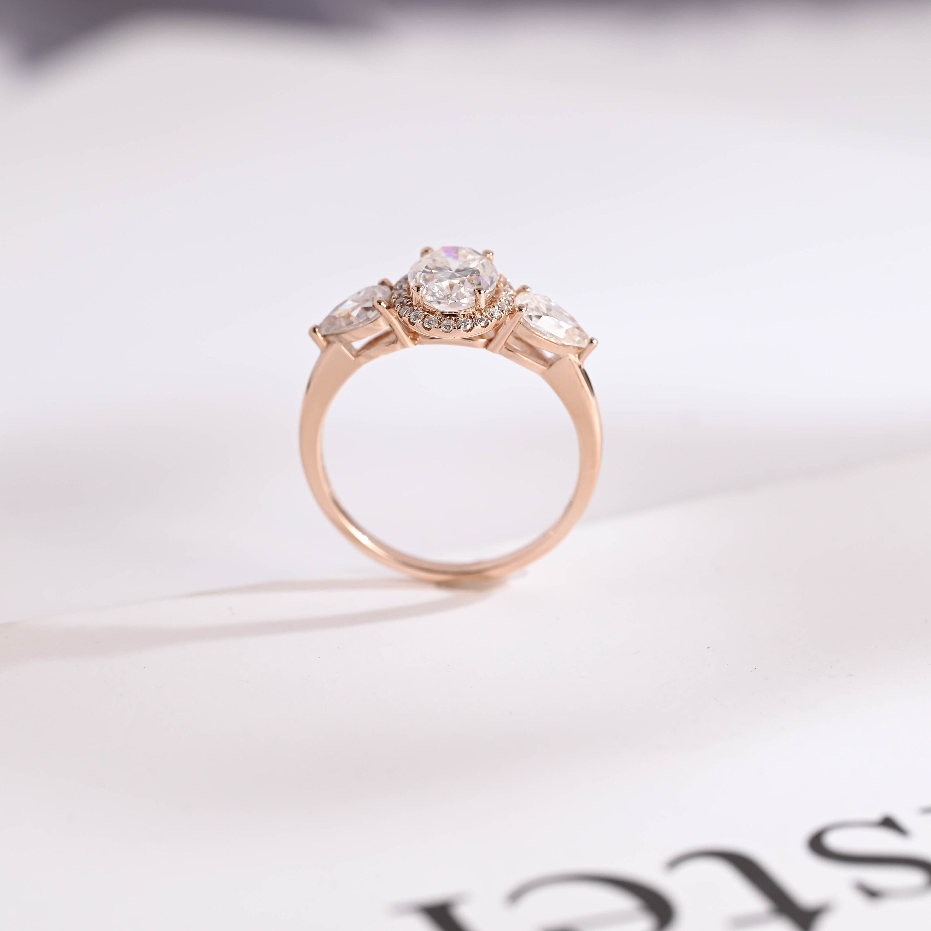Solid Gold Three Stone Oval Cut Moissanite Engagement Ring