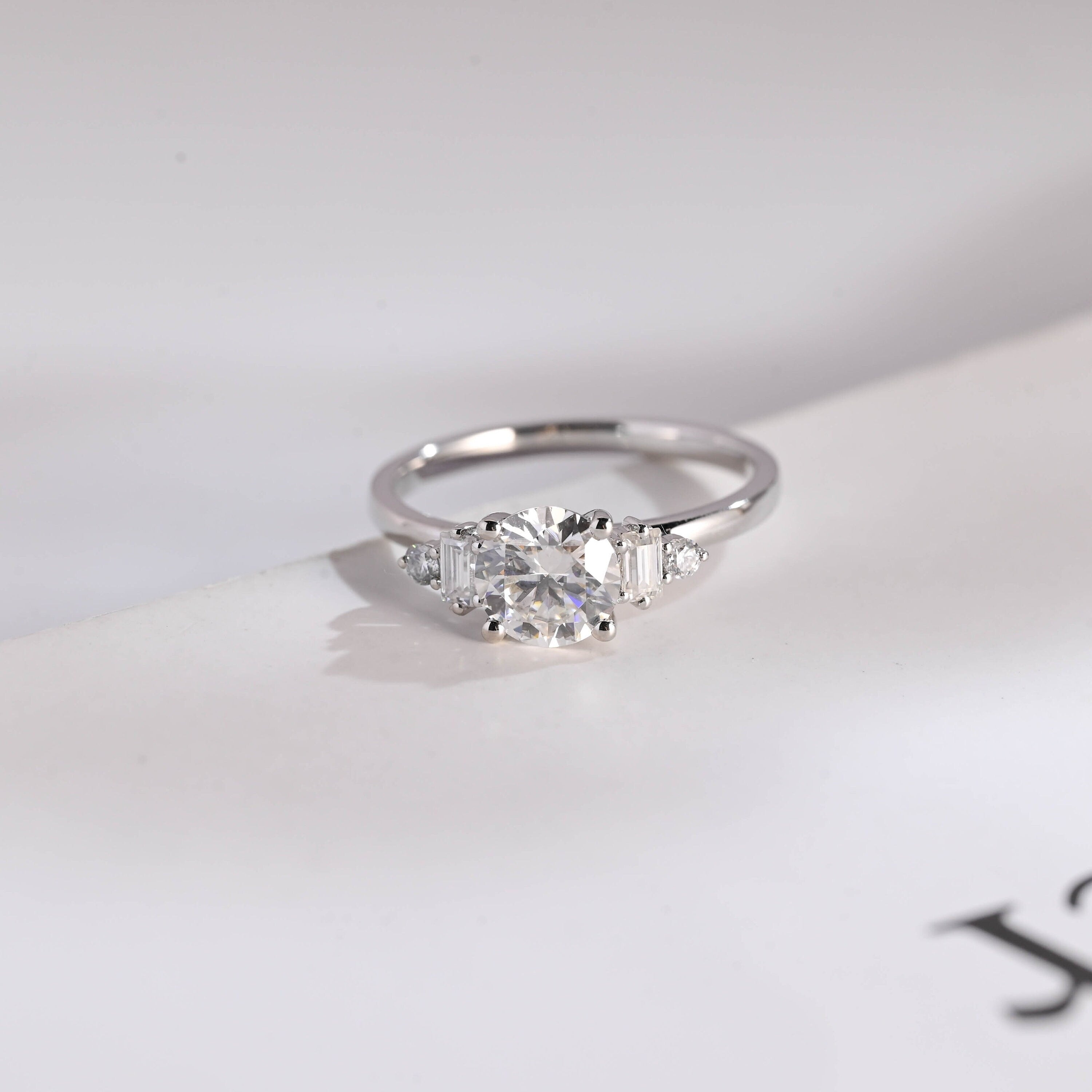 Three Stone Round Moissanite Engagement Ring, Solid Gold Dainty Anniversary Ring Main image