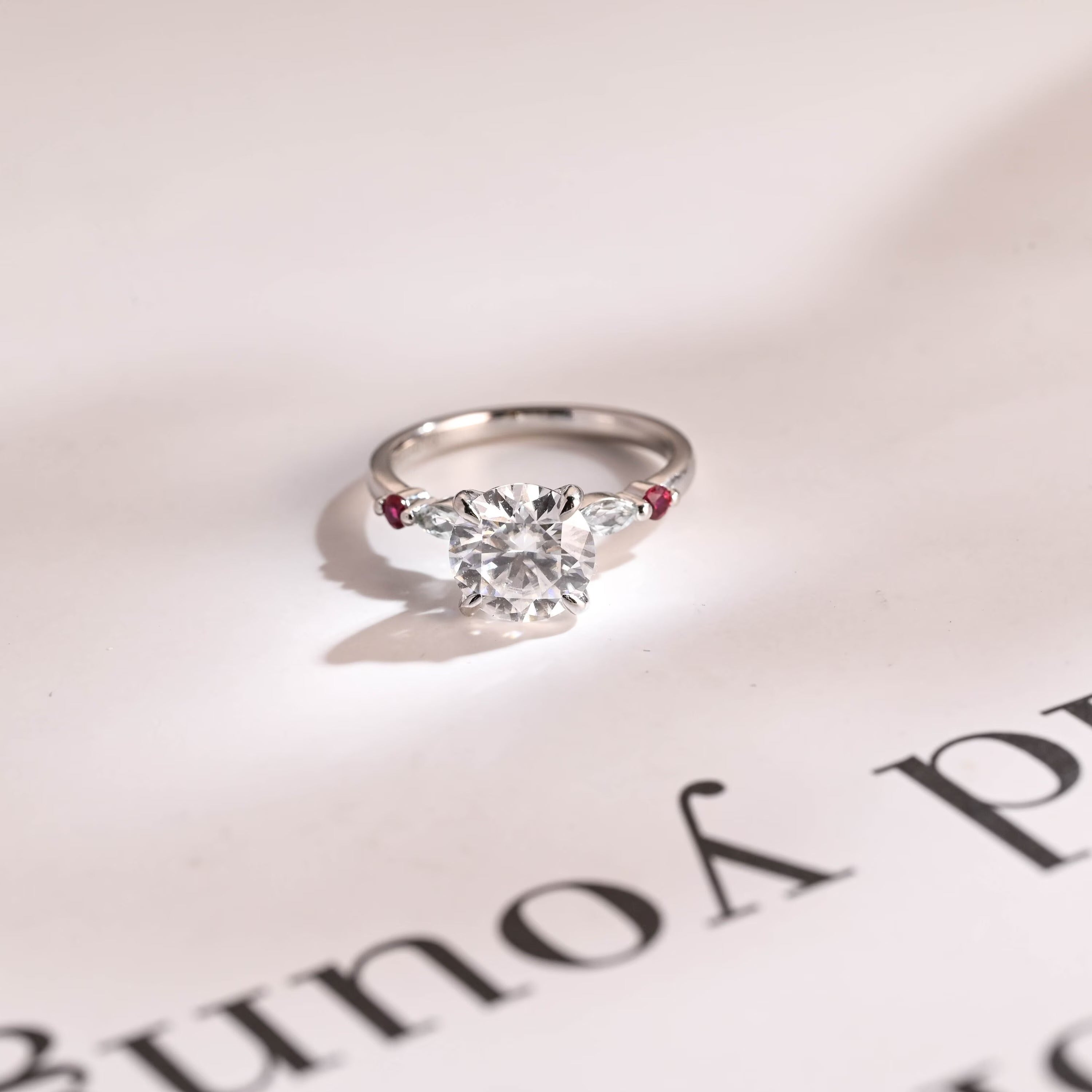 Solid Gold Round Moissanite Engagement Ring, Aquamarine & Ruby Side Stone Ring Main image