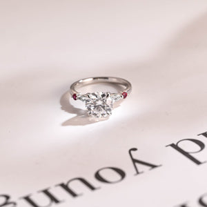 Solid Gold Round Moissanite Engagement Ring, Aquamarine & Ruby Side Stone Ring