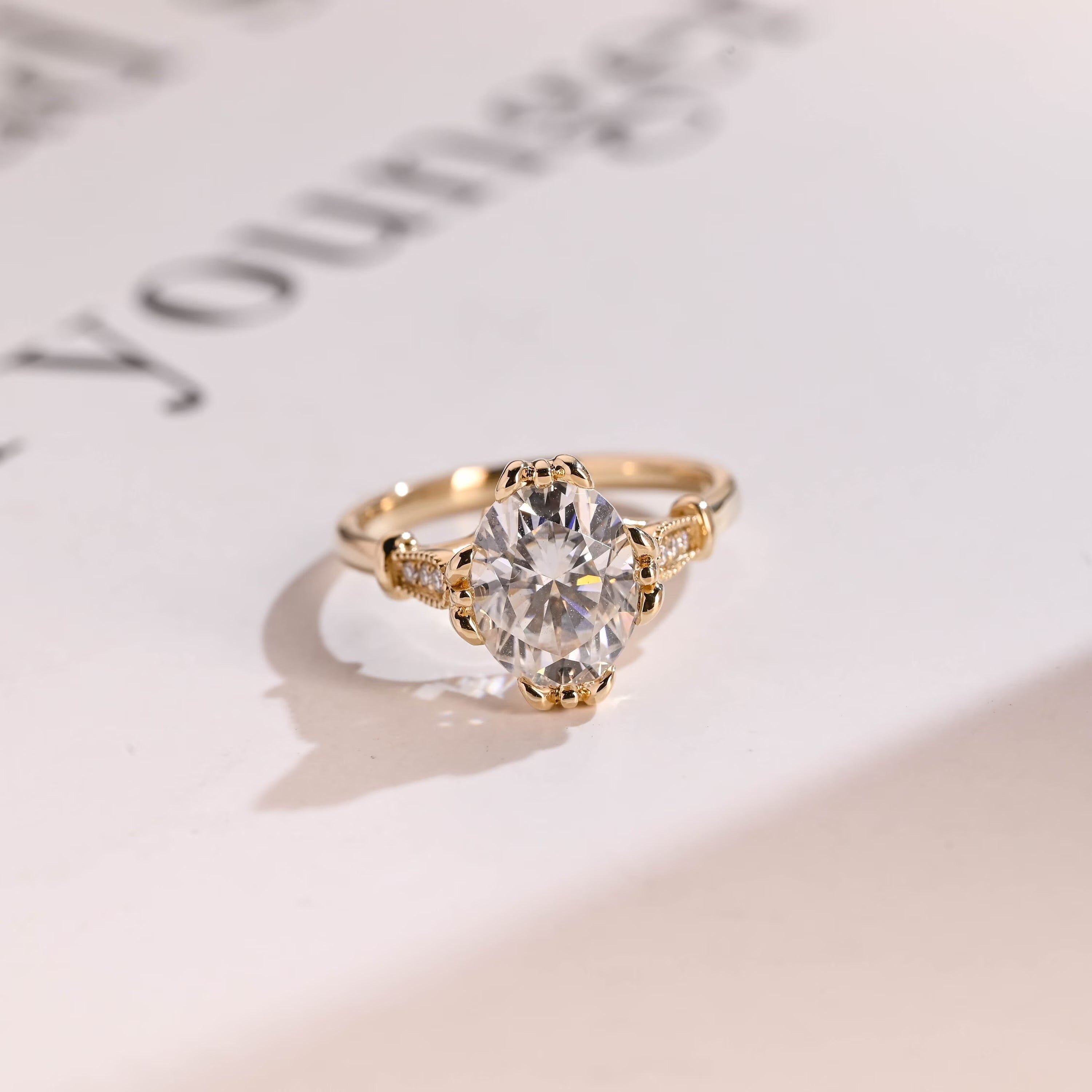 Solid Gold Oval Moissanite Engagement Ring, Filigree Wedding Ring Main image