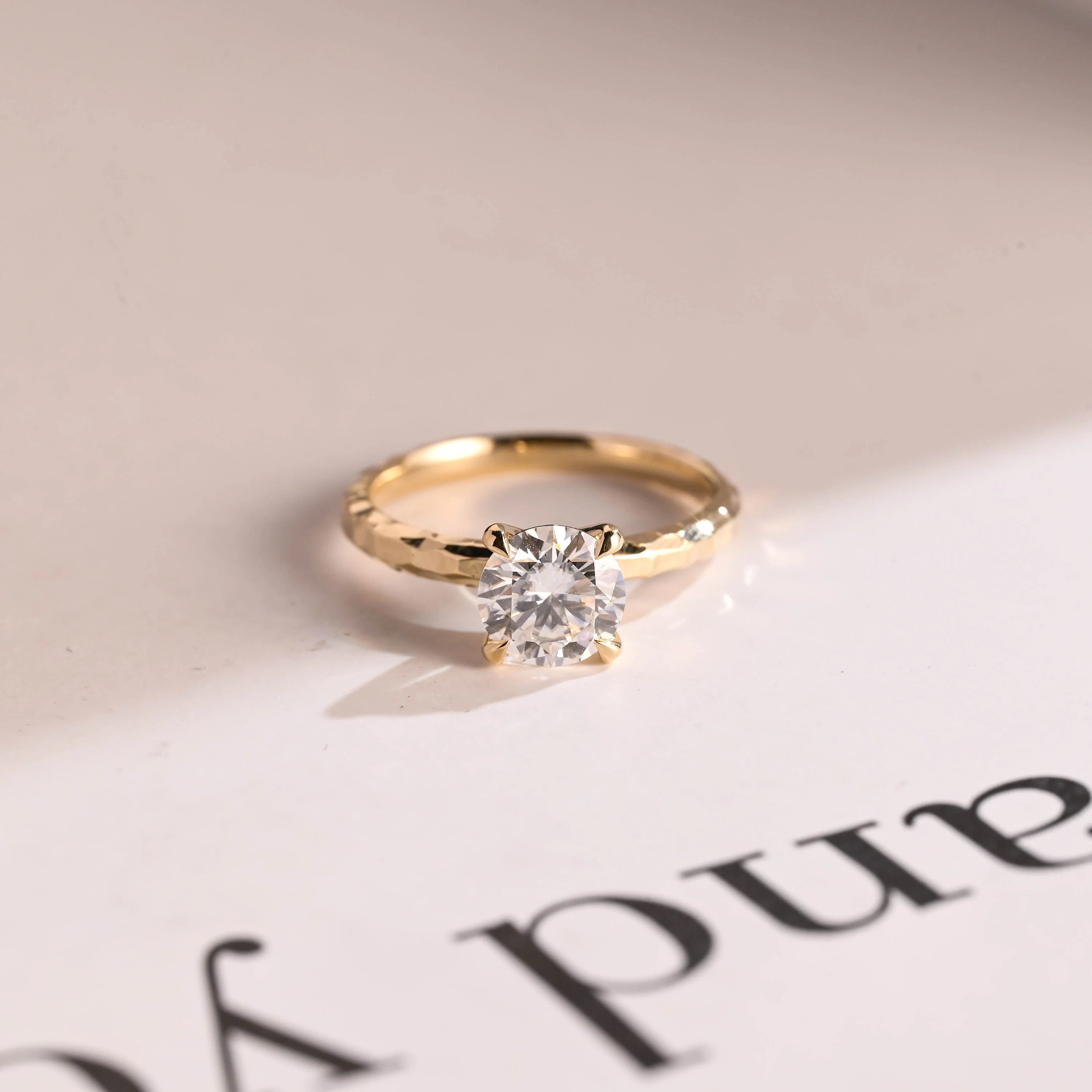 Solid Gold Round Cut Moissanite Engagement Ring, Hammered Ring Main image