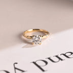 Solid Gold Round Cut Moissanite Engagement Ring, Hammered Ring