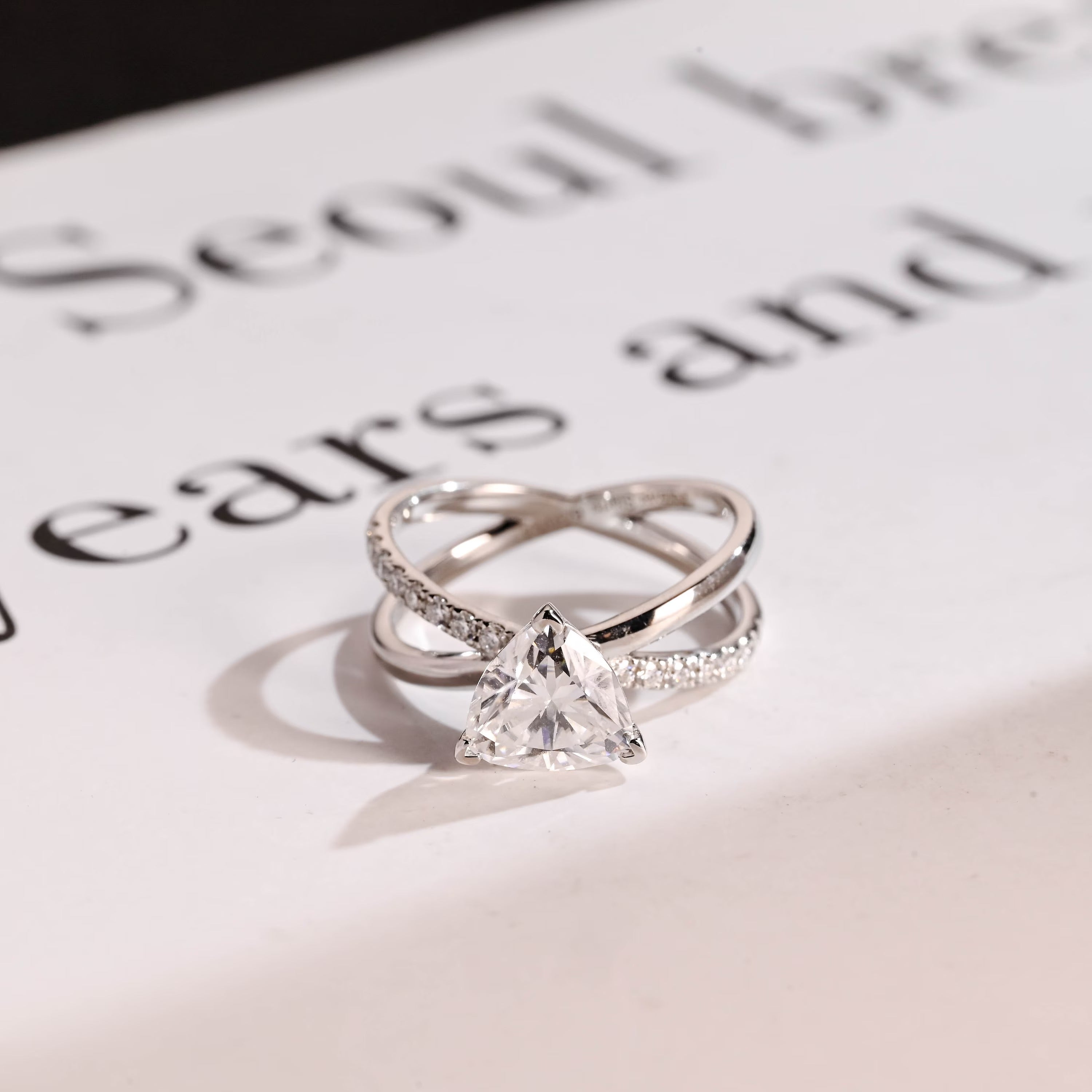 Solid Gold Trillion Cut Moissanite Engagement Ring, Double Band Open Shank Twisted Ring Main image