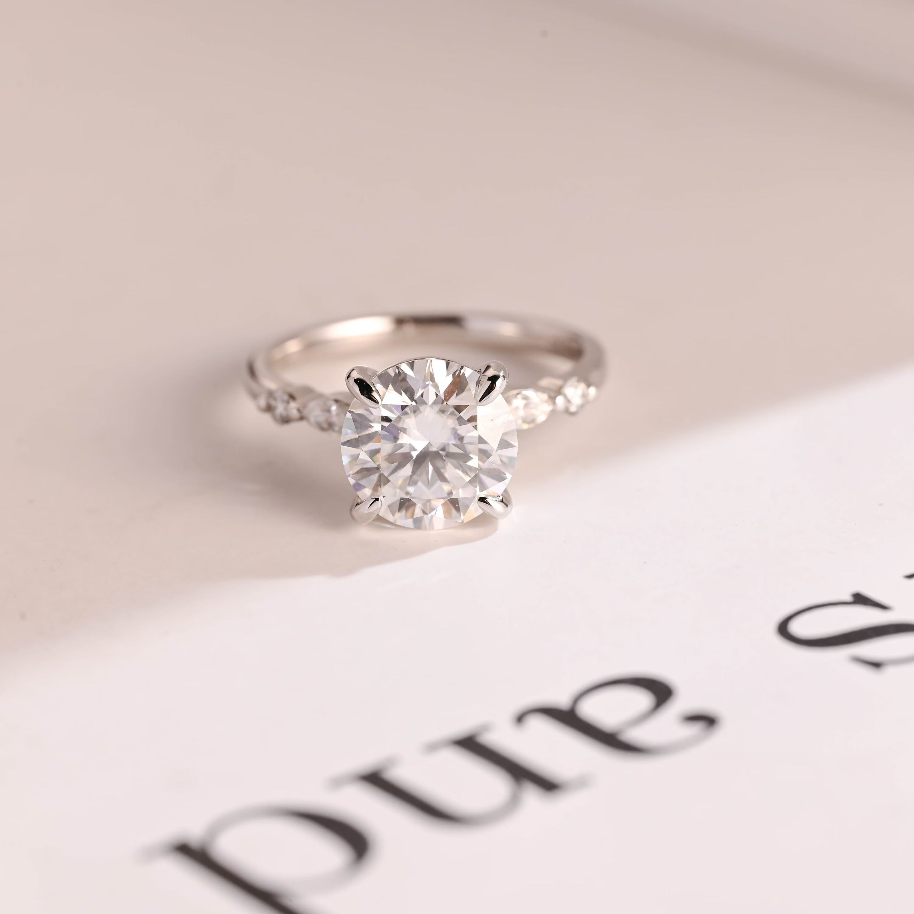 Solid Gold Round Moissanite Engagement Ring, Promise Ring for Her Main image
