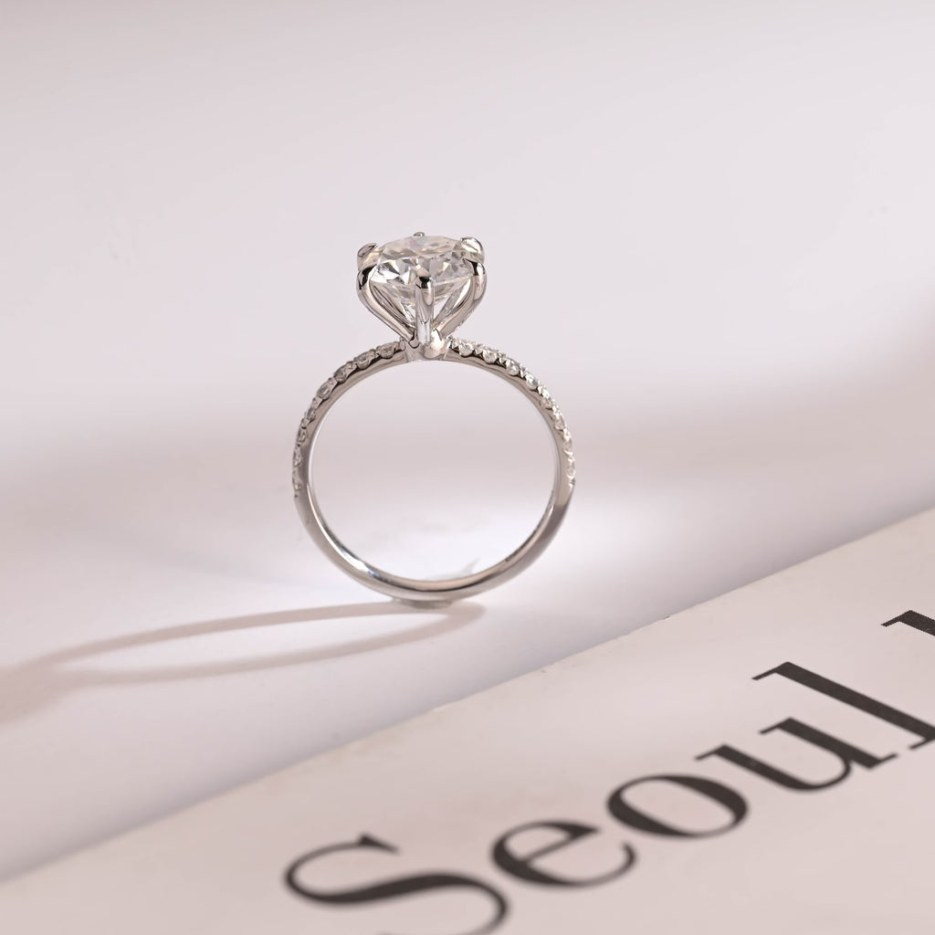 Solid Gold Half Eternity Round Moissanite Engagement Ring, Anniversary Gift for Wife